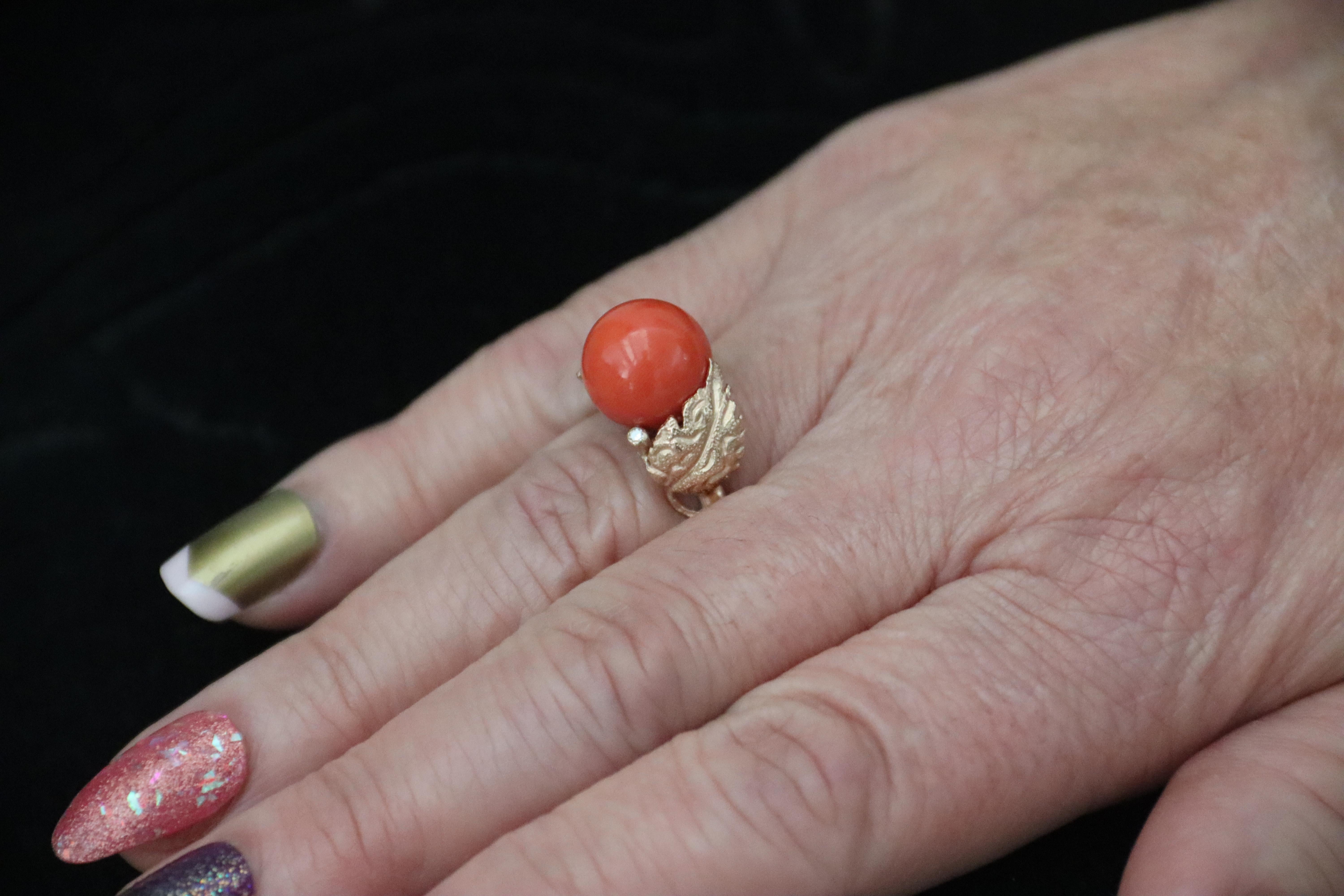 Handcraft Coral 14 Karat Yellow Gold Diamonds Cocktail Ring For Sale 10