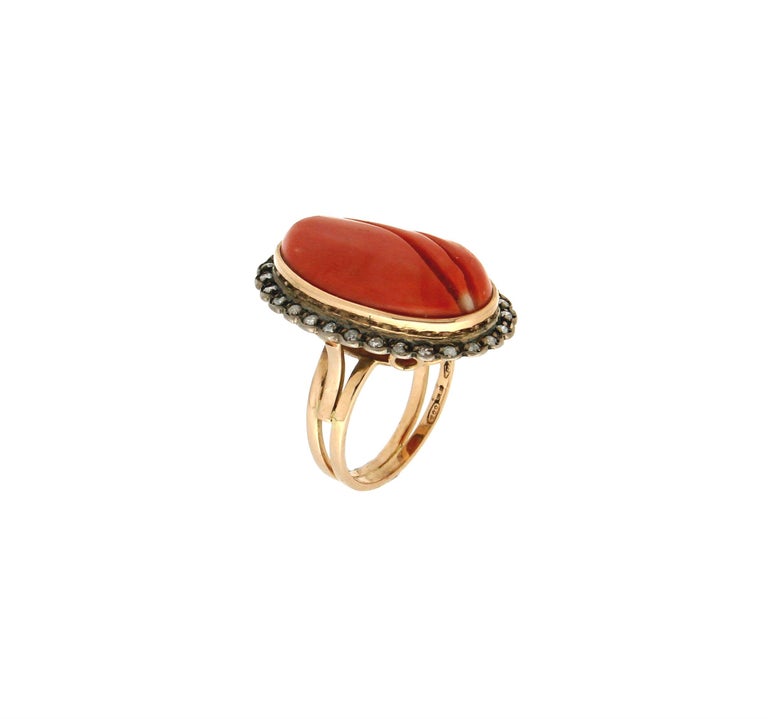 Handcraft Coral 14 Karat Yellow Gold Diamonds Cocktail Ring For Sale at ...