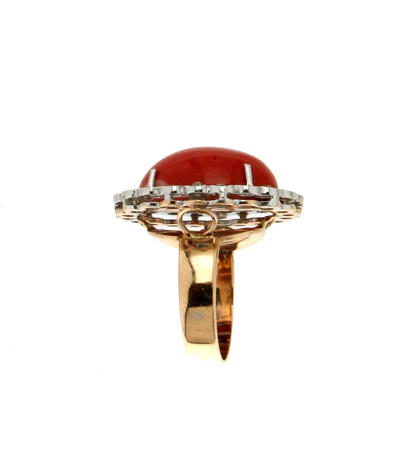 Artisan Handcraft Coral 14 Karat Yellow Gold Diamonds Cocktail Ring For Sale