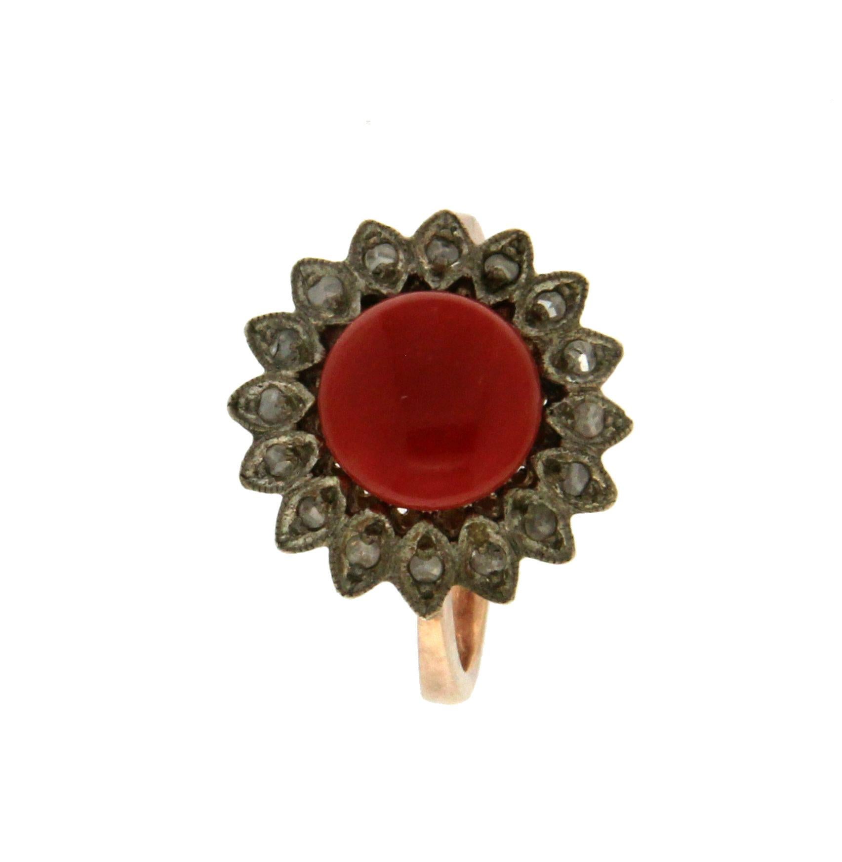 Rose Cut Handcraft Coral 9 Karat Yellow Gold Diamonds Cocktail Ring For Sale