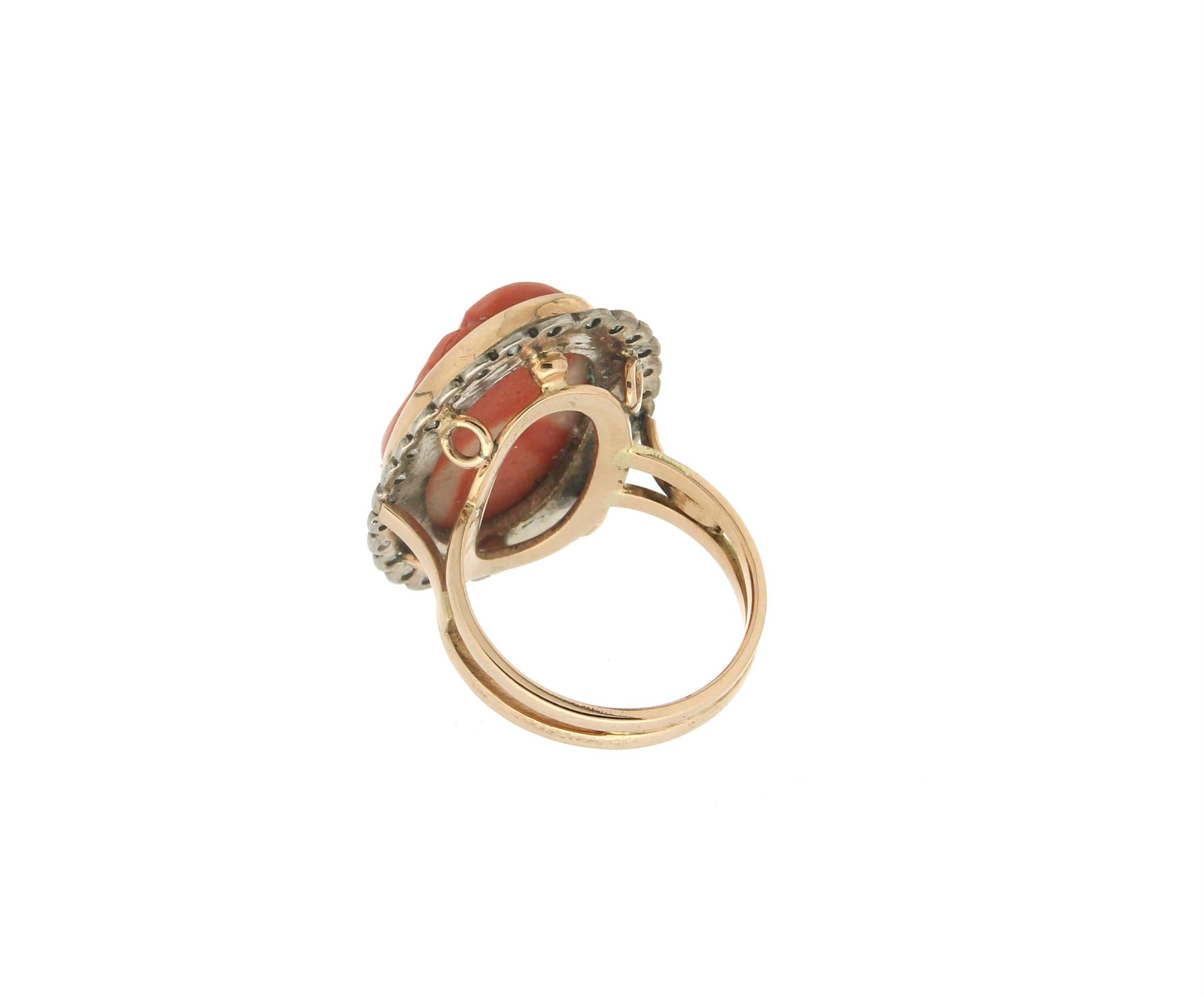 Brilliant Cut Handcraft Coral 14 Karat Yellow Gold Diamonds Cocktail Ring For Sale