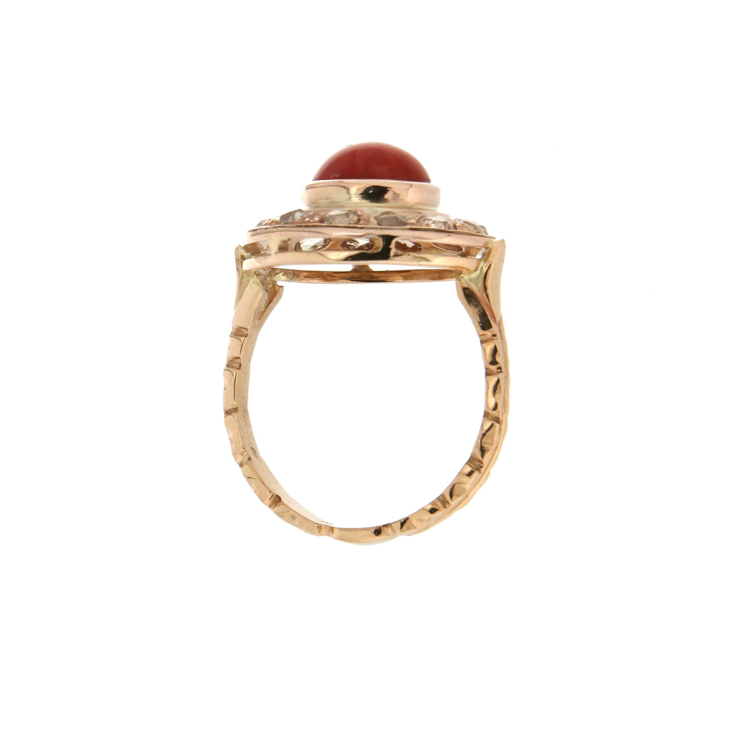Rose Cut Handcraft Coral 14 Karat Yellow Gold Diamonds Cocktail Ring For Sale