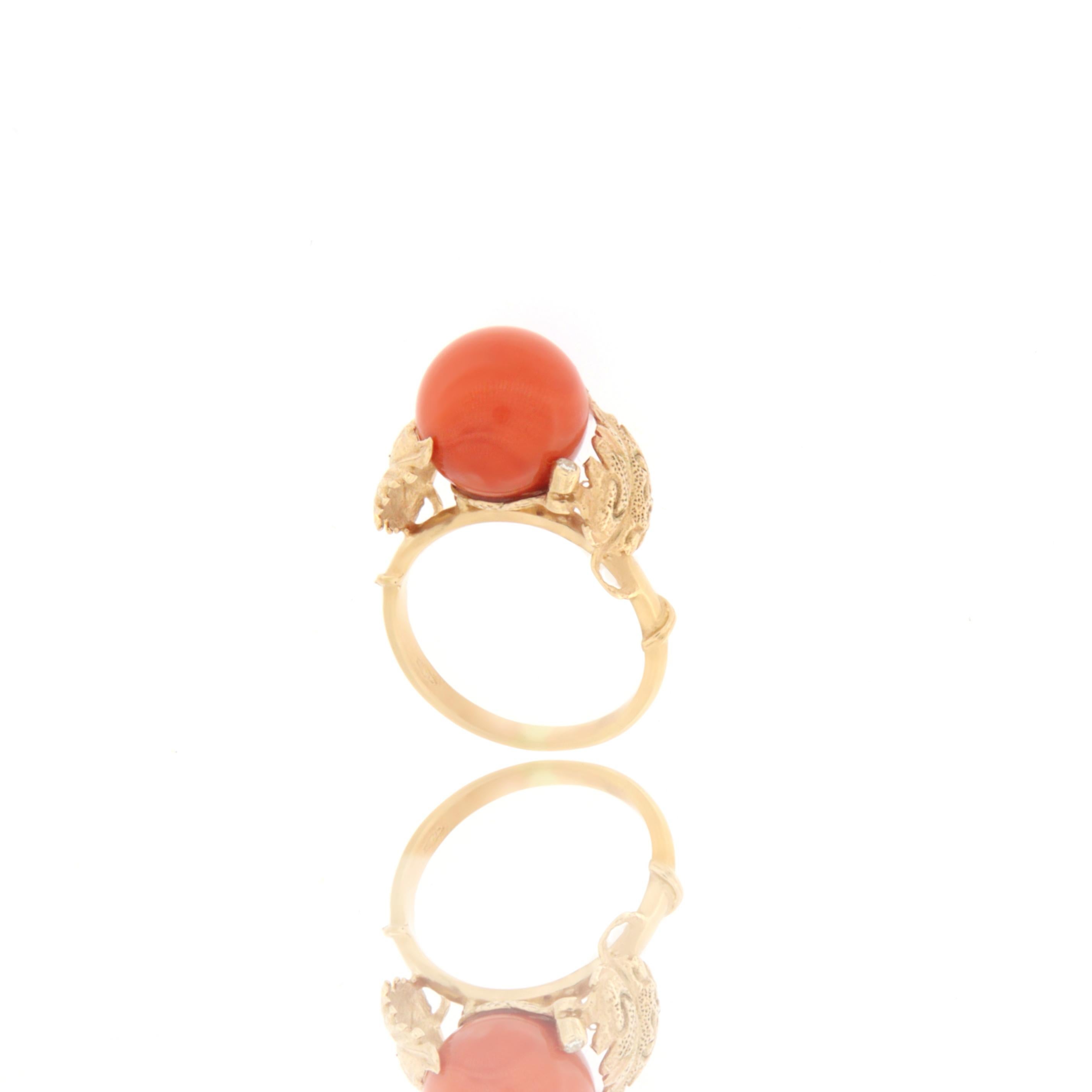 Women's Handcraft Coral 14 Karat Yellow Gold Diamonds Cocktail Ring For Sale