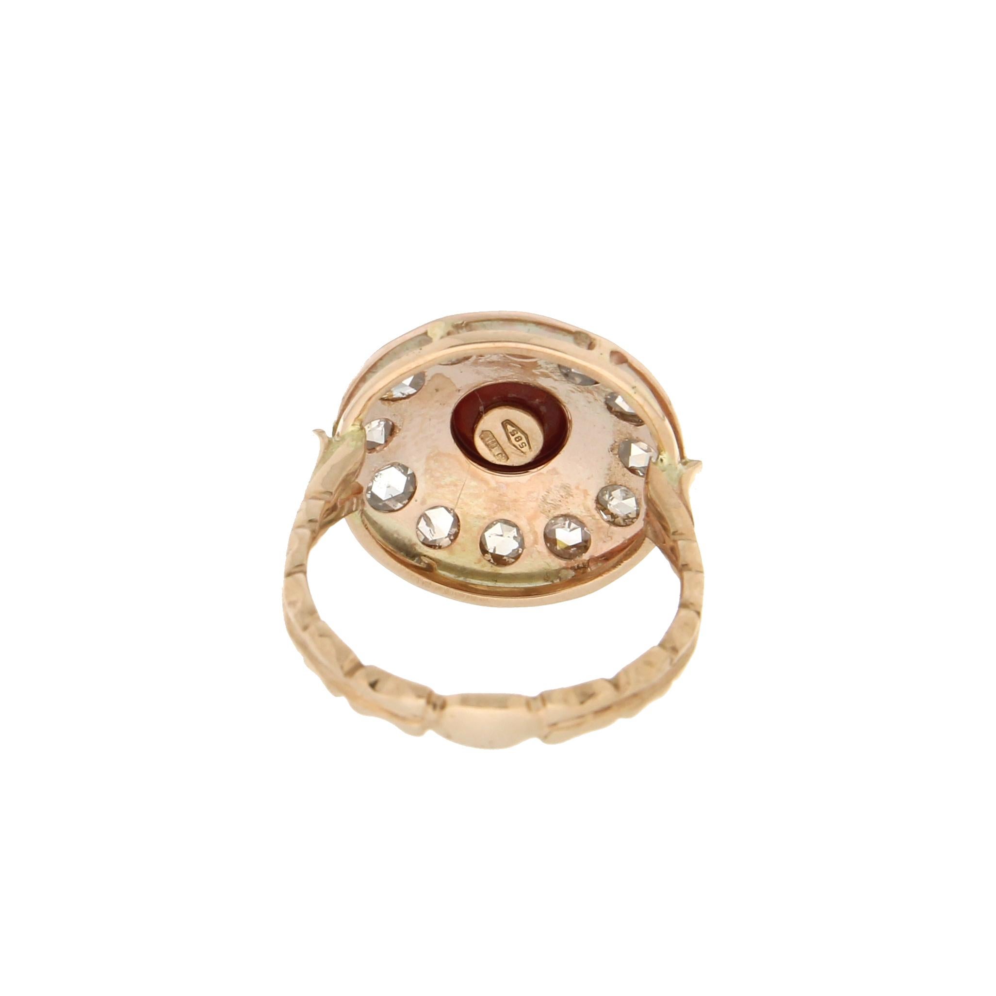 Women's or Men's Handcraft Coral 14 Karat Yellow Gold Diamonds Cocktail Ring For Sale