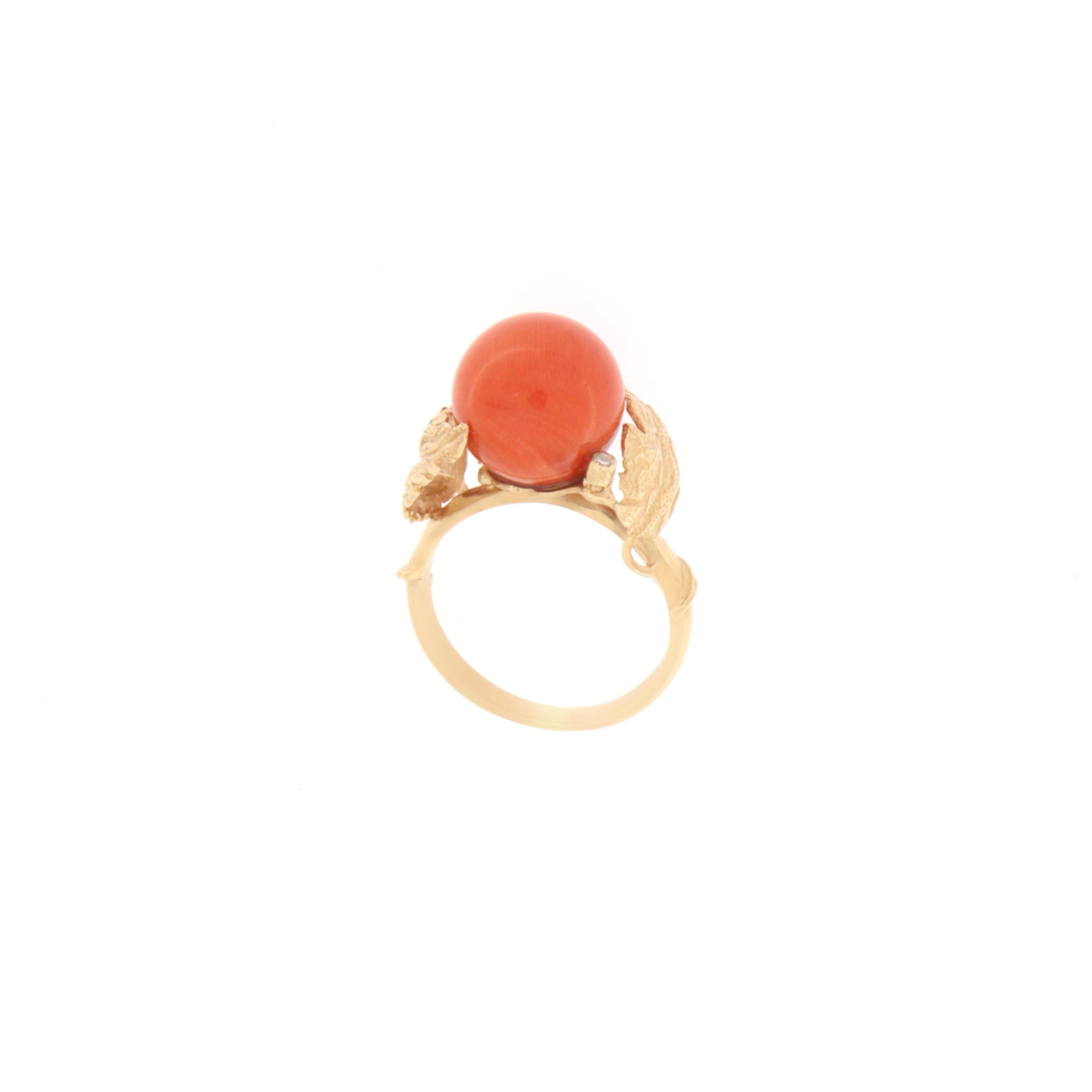 Handcraft Coral 14 Karat Yellow Gold Diamonds Cocktail Ring For Sale 1