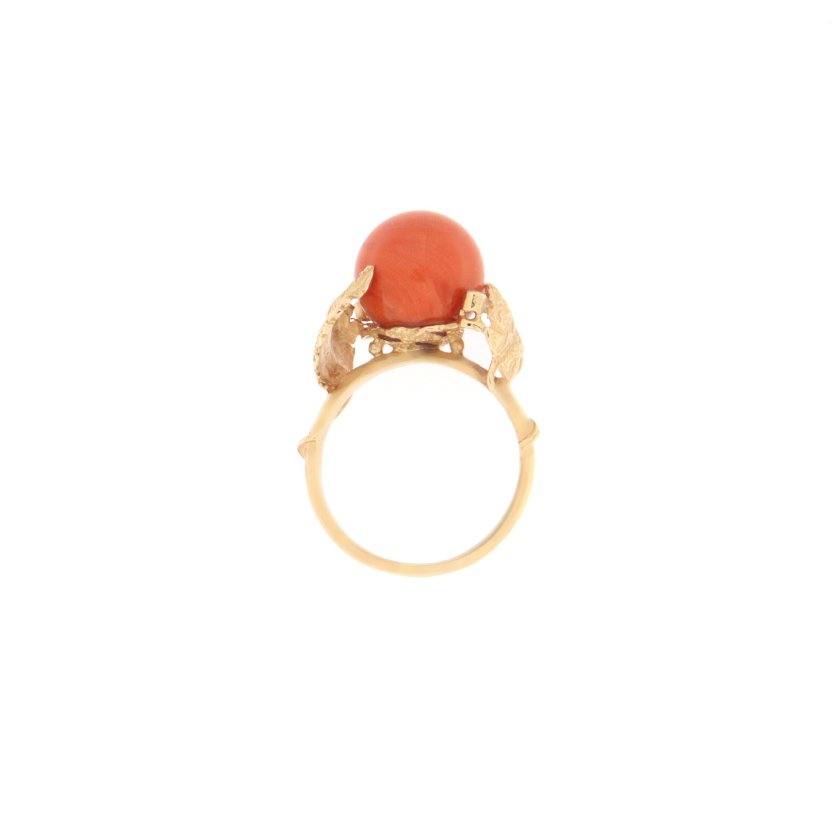 Handcraft Coral 14 Karat Yellow Gold Diamonds Cocktail Ring For Sale 3