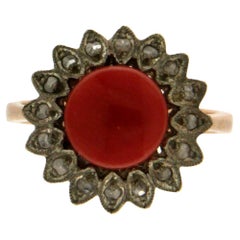 Vintage Handcraft Coral 9 Karat Yellow Gold Diamonds Cocktail Ring