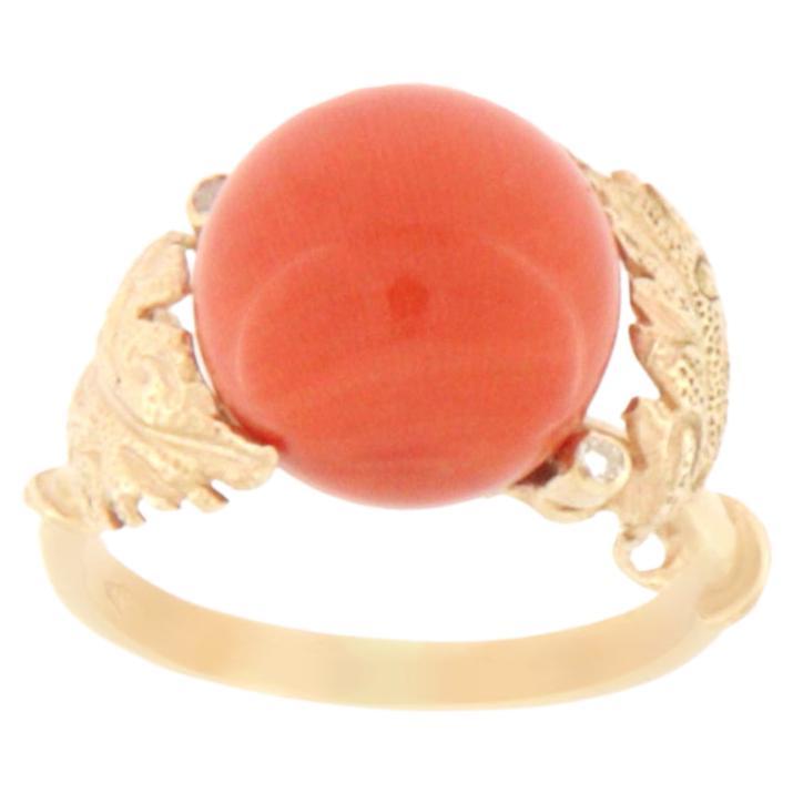 Handcraft Coral 14 Karat Yellow Gold Diamonds Cocktail Ring For Sale
