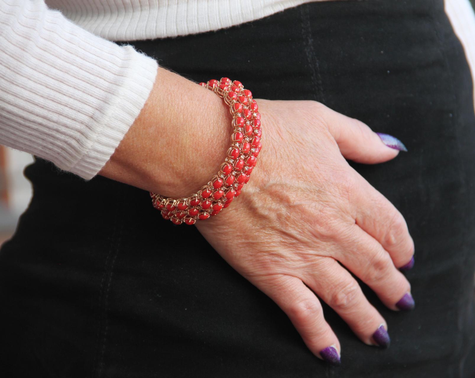 Handcraft Coral 14 Karat Yellow Gold Diamonds Cuff Bracelet For Sale 5