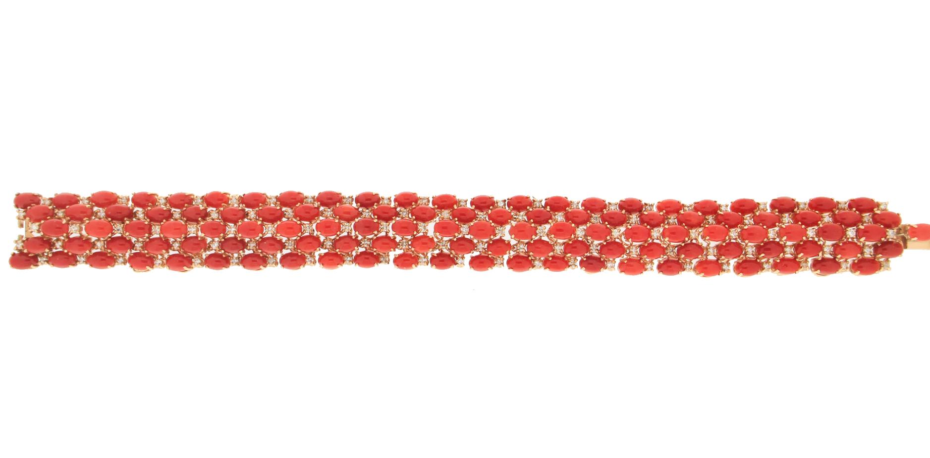 Artisan Handcraft Coral 14 Karat Yellow Gold Diamonds Cuff Bracelet For Sale
