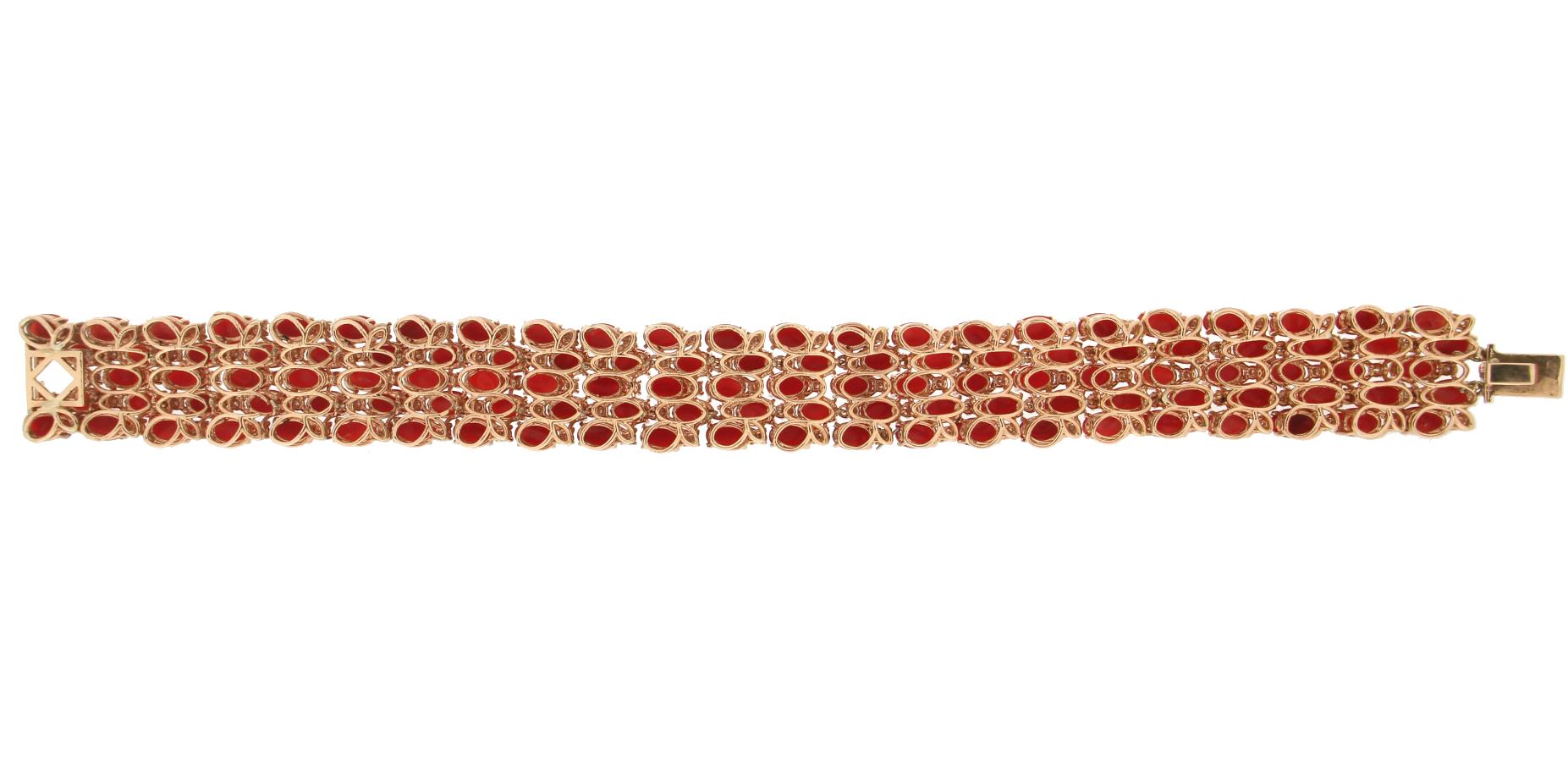 Handcraft Coral 14 Karat Yellow Gold Diamonds Cuff Bracelet For Sale 3