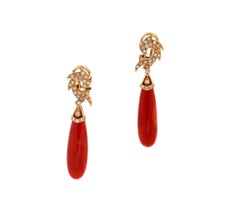 Handcraft Coral 14 Karat Yellow Gold Diamonds Drop Earrings
