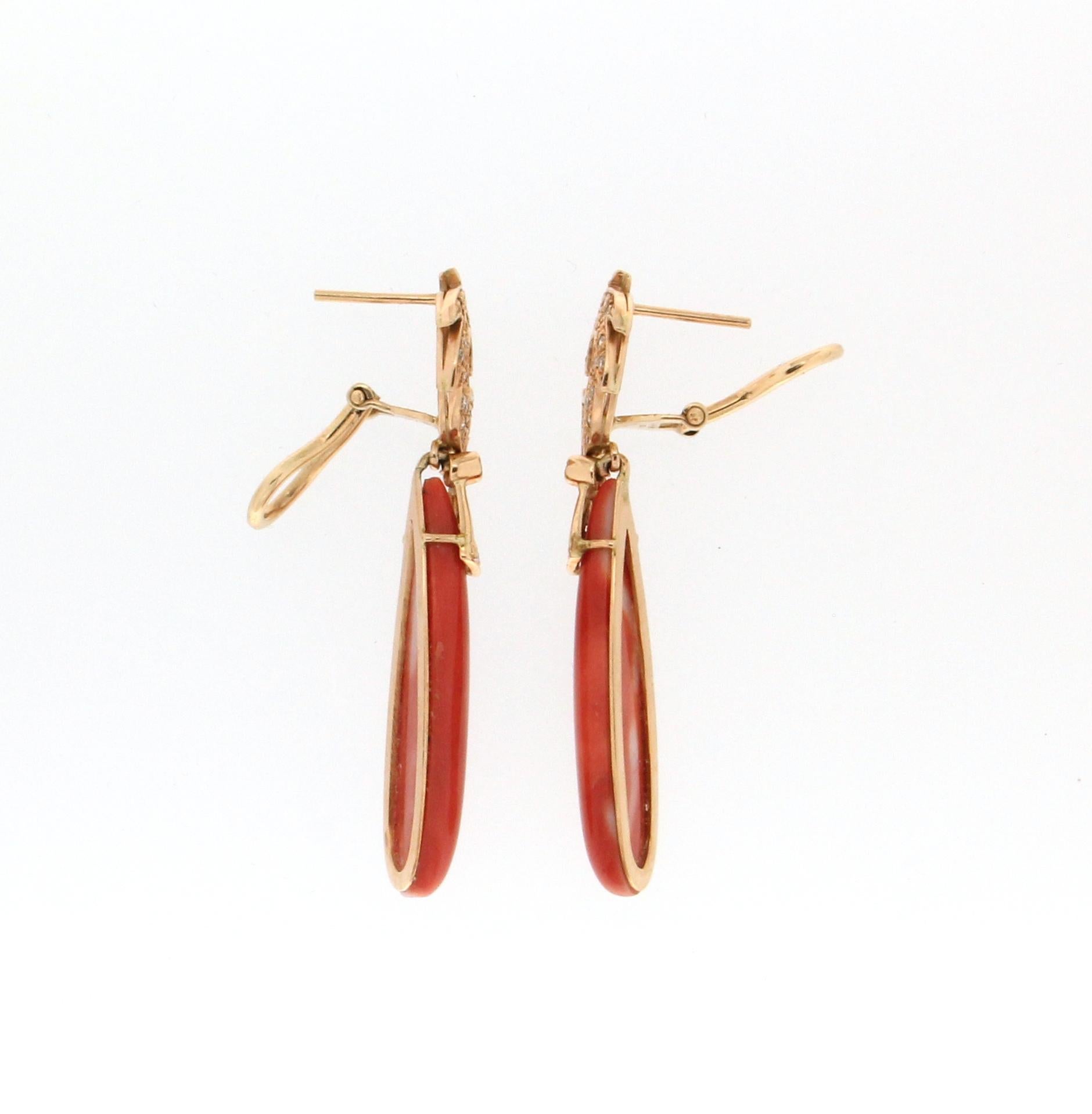 Handcraft Coral 14 Karat Yellow Gold Diamonds Drop Earrings In New Condition For Sale In Marcianise, IT