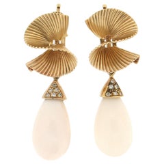 Handcraft Coral 14 Karat Yellow Gold Diamonds Drop Earrings