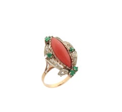 Handcraft Coral 9 Karat Yellow Gold Diamonds Emerald Cocktail Ring