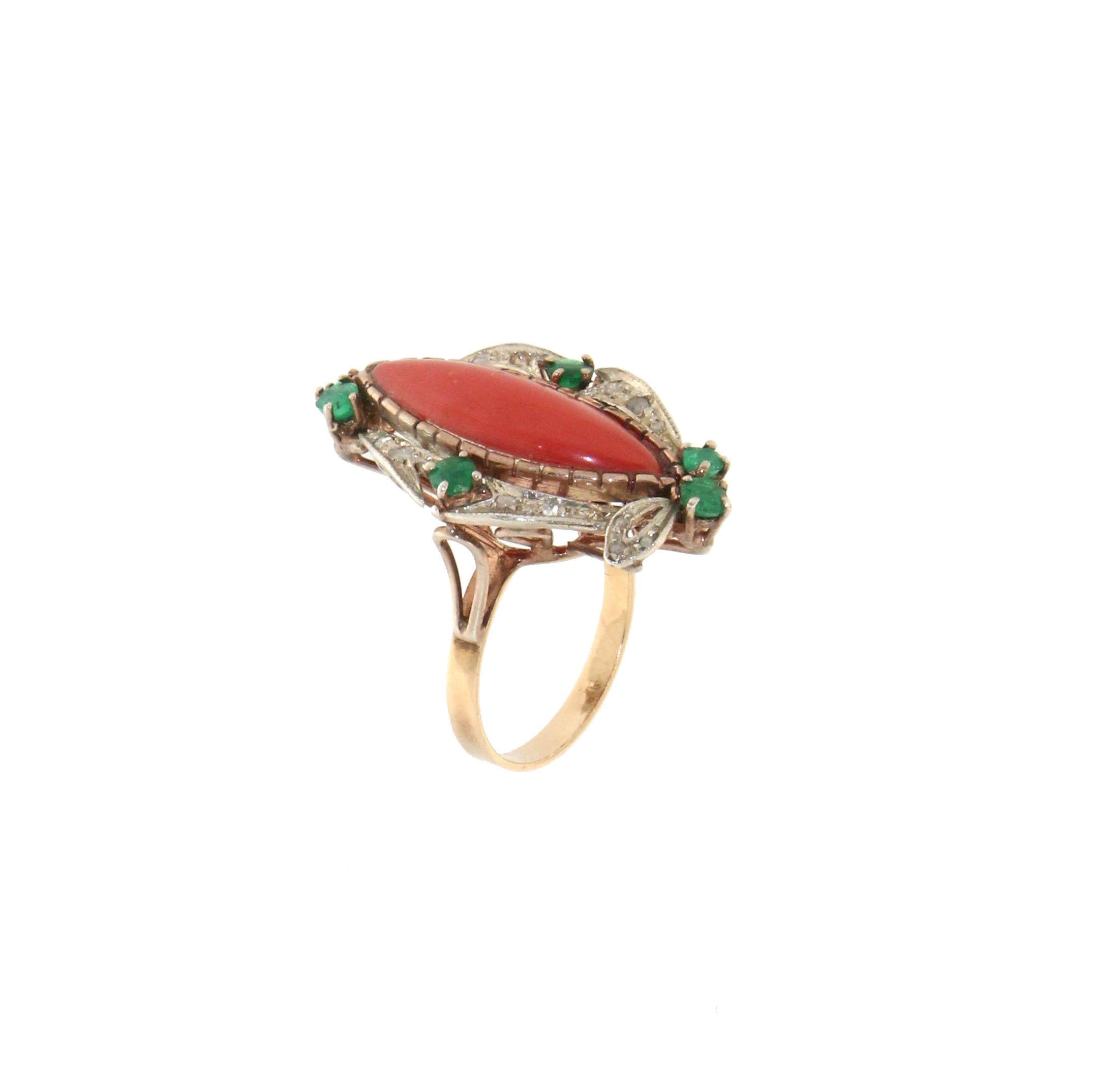 Artisan Handcraft Coral 9 Karat Yellow Gold Diamonds Emerald Cocktail Ring For Sale