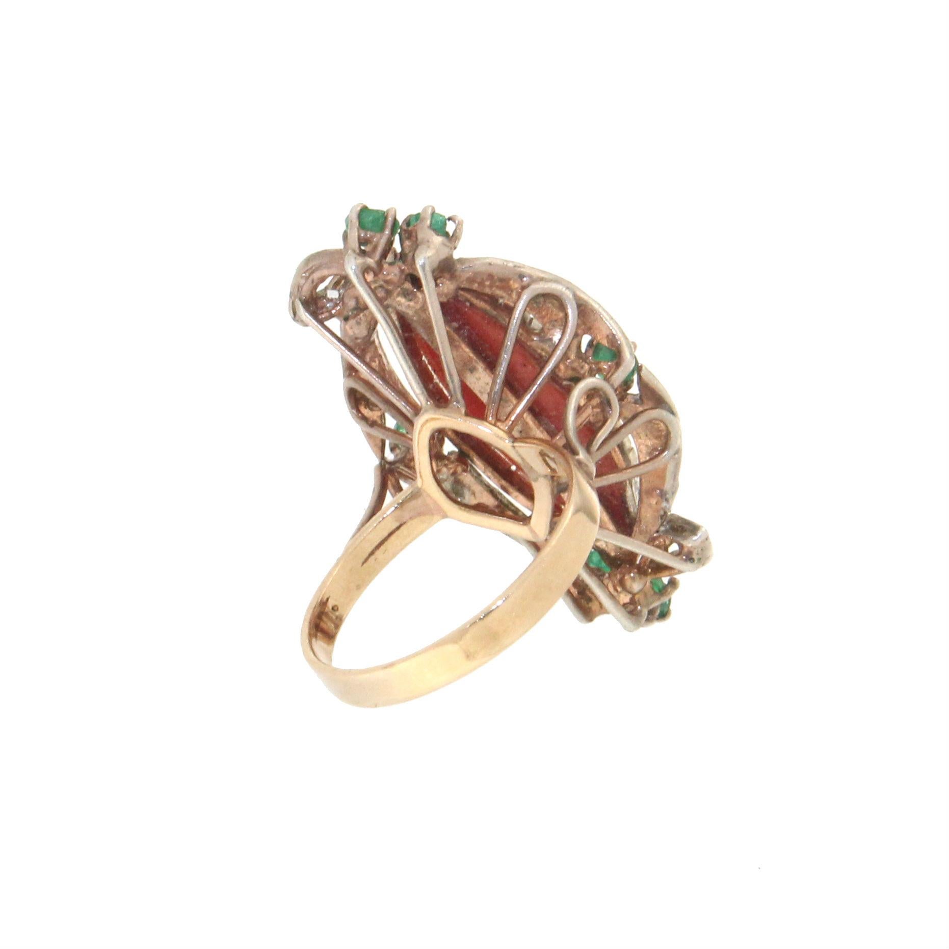 Women's or Men's Handcraft Coral 9 Karat Yellow Gold Diamonds Emerald Cocktail Ring For Sale