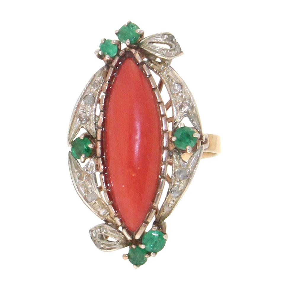 Handcraft Coral 9 Karat Yellow Gold Diamonds Emerald Cocktail Ring For Sale