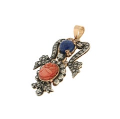 Handmade 14K Gold Pendant with Diamonds, Coral & Lapis
