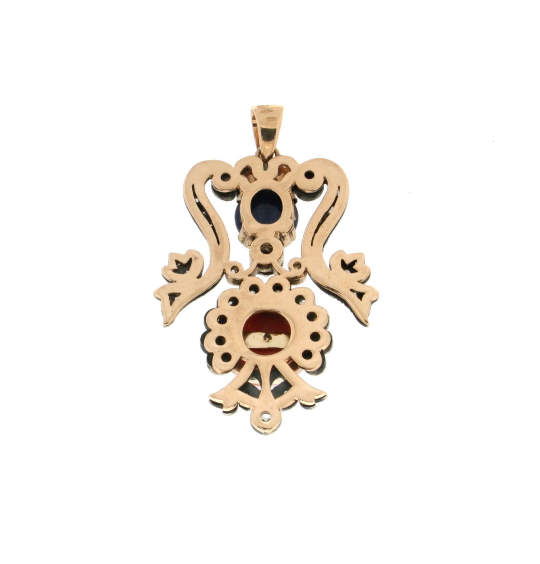 Artisan Handcraft Coral 14 Karat Yellow Gold Diamonds Lapis Lazuli Pendant Necklace For Sale