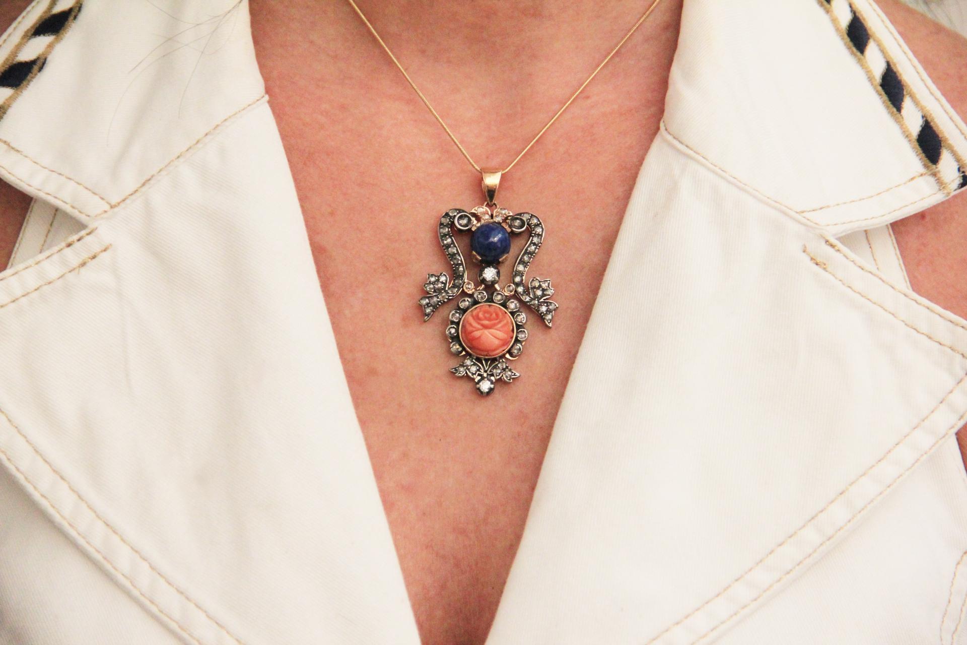 Women's or Men's Handcraft Coral 14 Karat Yellow Gold Diamonds Lapis Lazuli Pendant Necklace For Sale