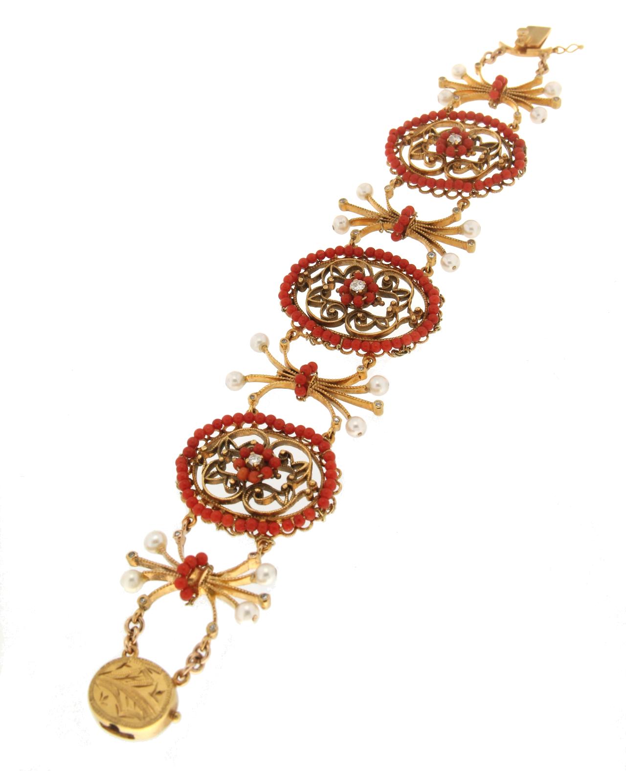 Artisan Handcraft Coral 14 Karat Yellow Gold Diamonds Pearls Cuff Bracelet For Sale
