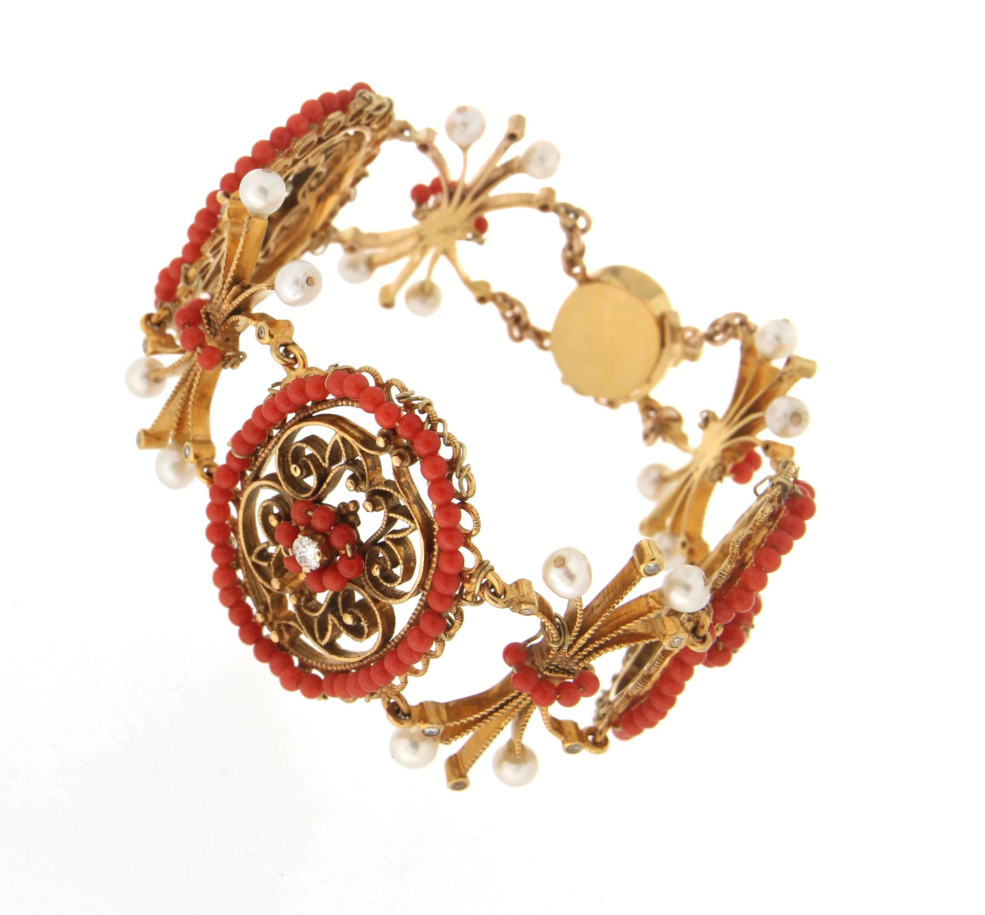 Women's Handcraft Coral 14 Karat Yellow Gold Diamonds Pearls Cuff Bracelet For Sale