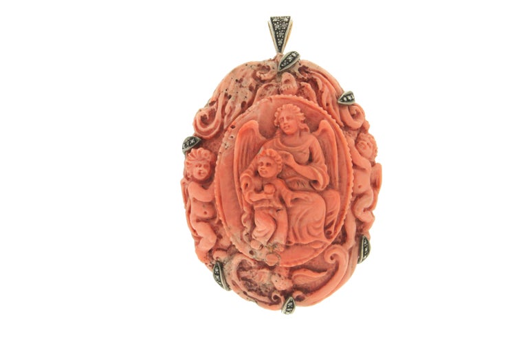 Rose Cut Handcraft Coral 14 Karat Yellow Gold Diamonds Pendant Necklace and Brooch For Sale