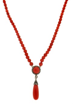 Handcraft Coral 14 Karat Yellow Gold Diamonds Pendant Necklace