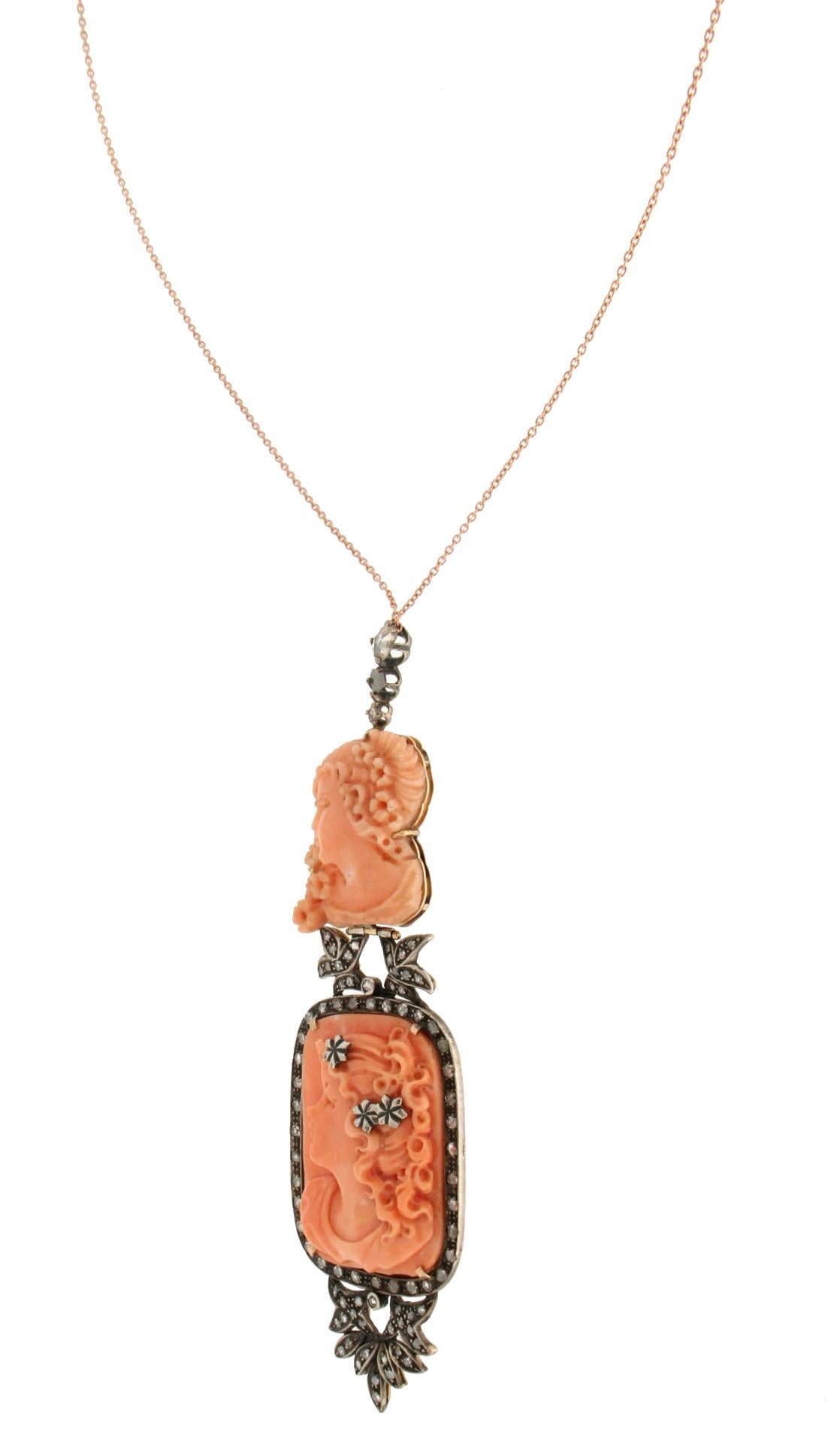 Collier pendentif artisanal en corail et or jaune 14 carats avec diamants Neuf - En vente à Marcianise, IT