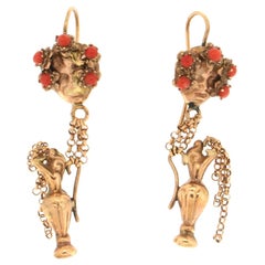 Boucles d'oreilles pendantes en or jaune 14 carats avec ancre en corail, fabrication artisanale