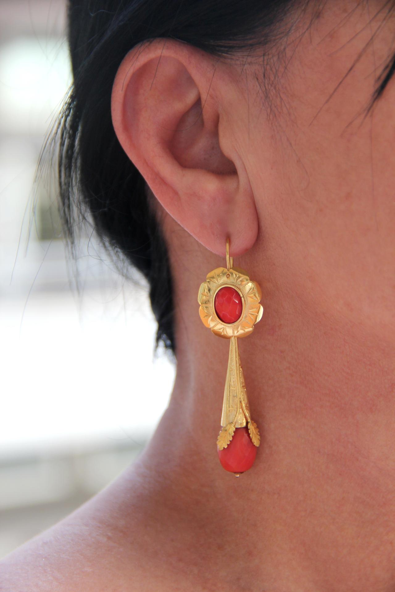 Handcraft Coral 14 Karat Yellow Gold Drop Earrings For Sale 4