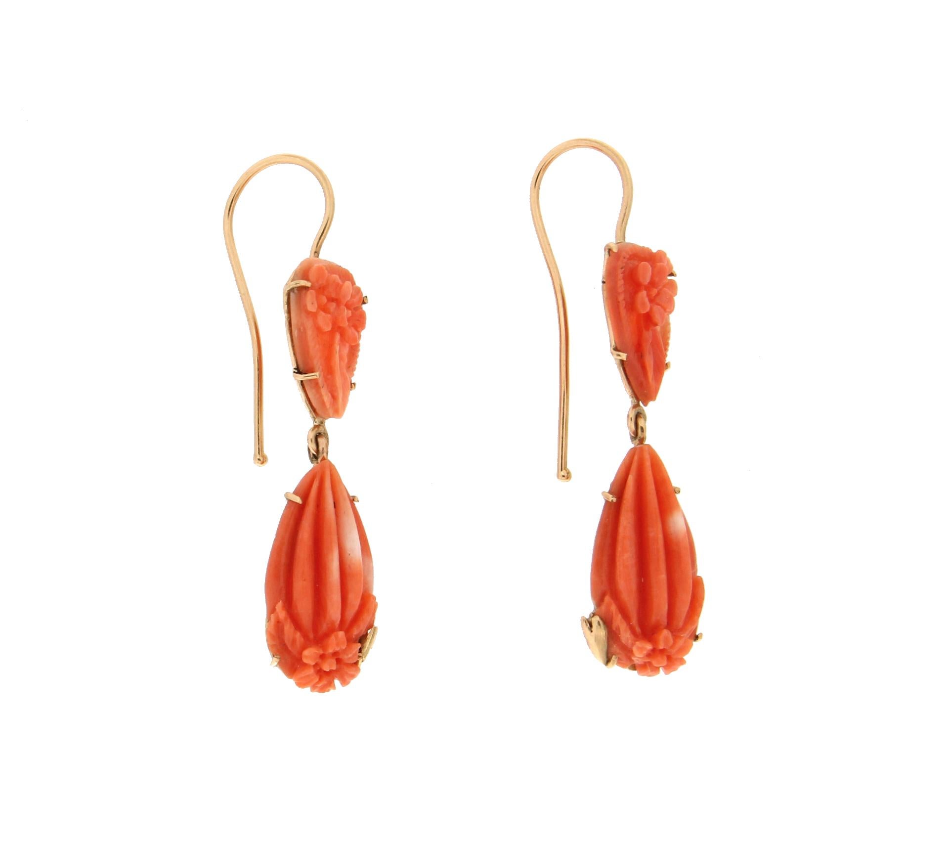 Artisan Handcraft Coral 14 Karat Yellow Gold Drop Earrings For Sale