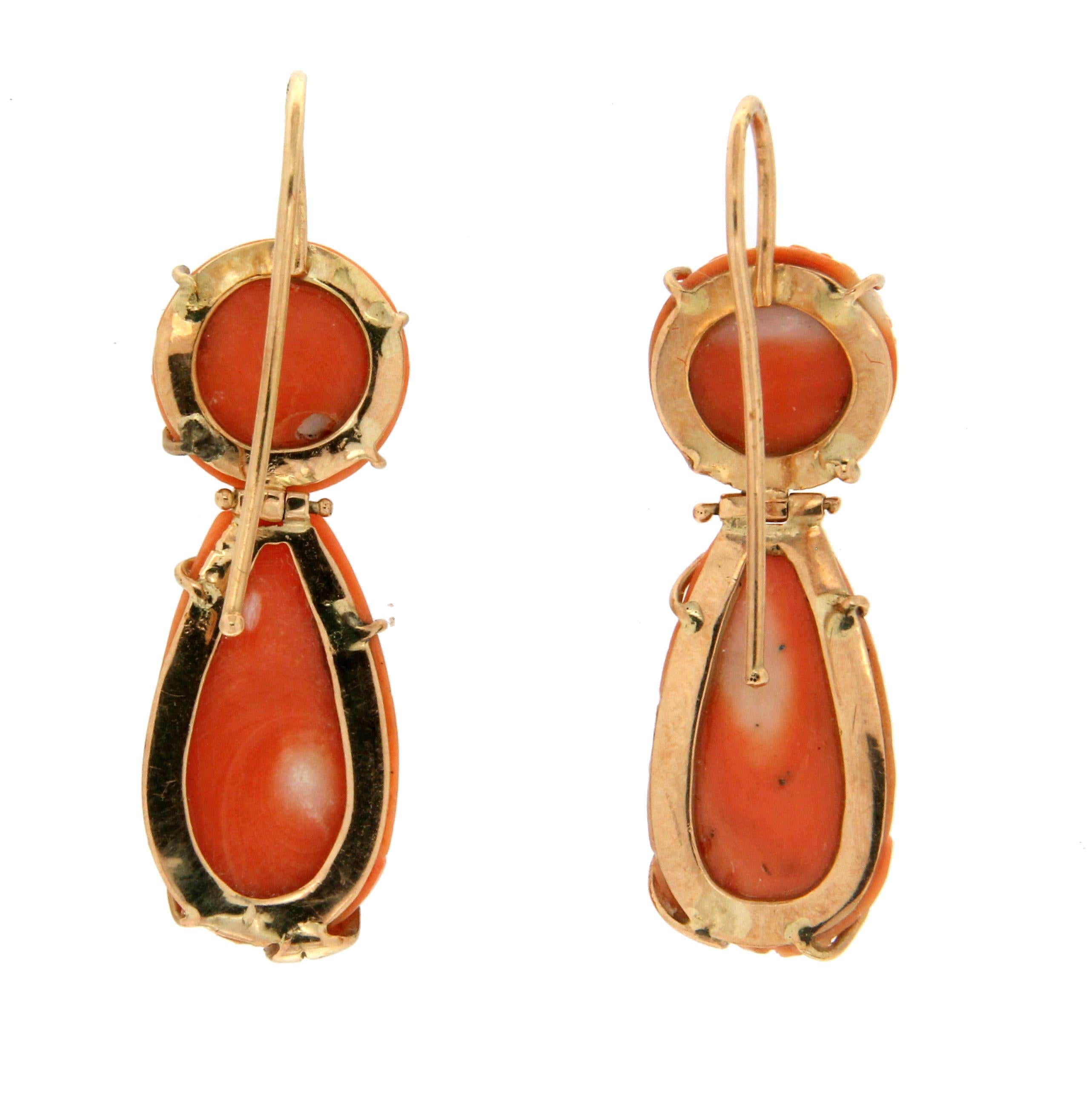 Artisan Handcraft Coral 14 Karat Yellow Gold Drop Earrings For Sale