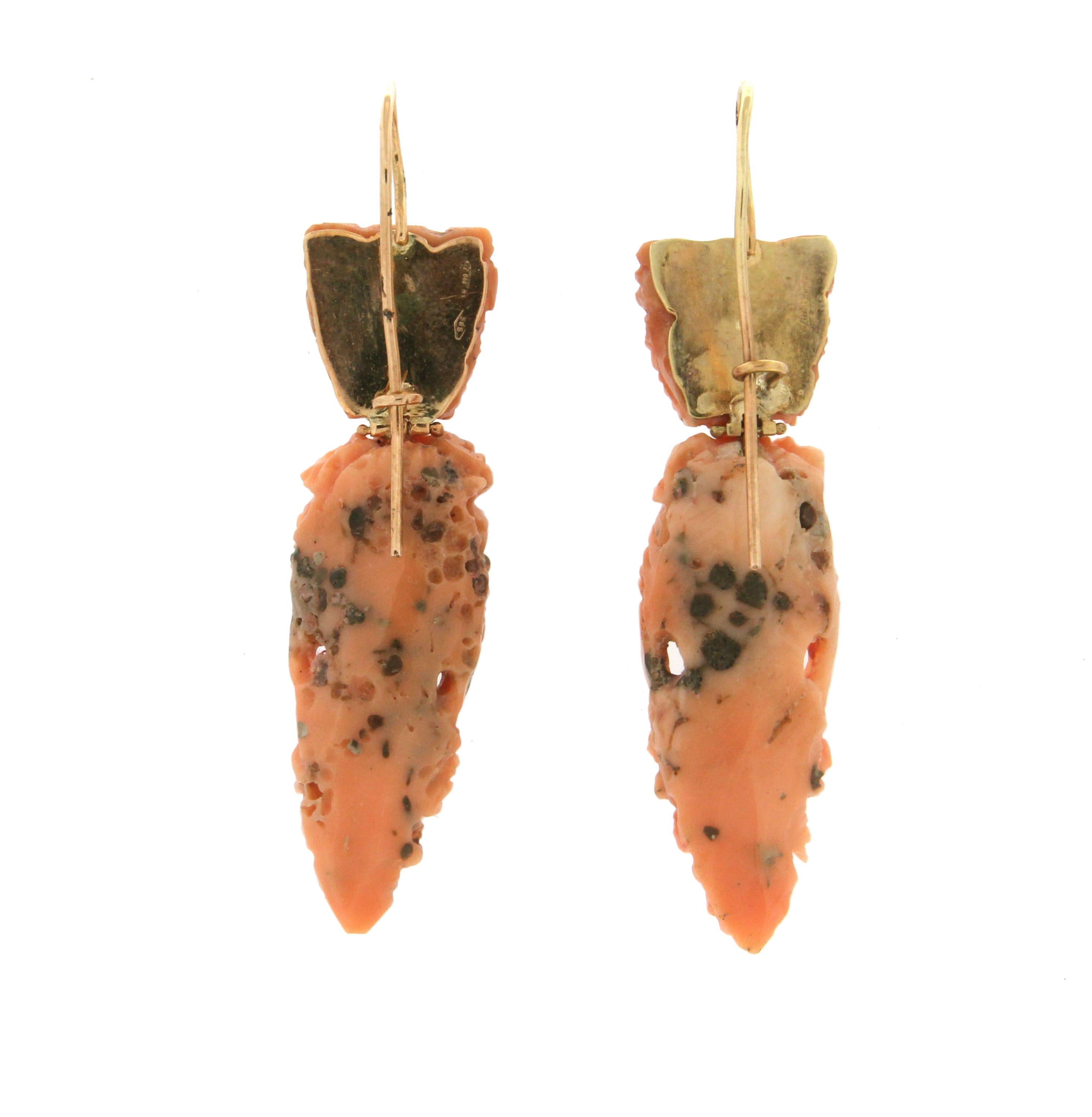 Artisan Handcraft Coral 14 Karat Yellow Gold Drop Earrings For Sale
