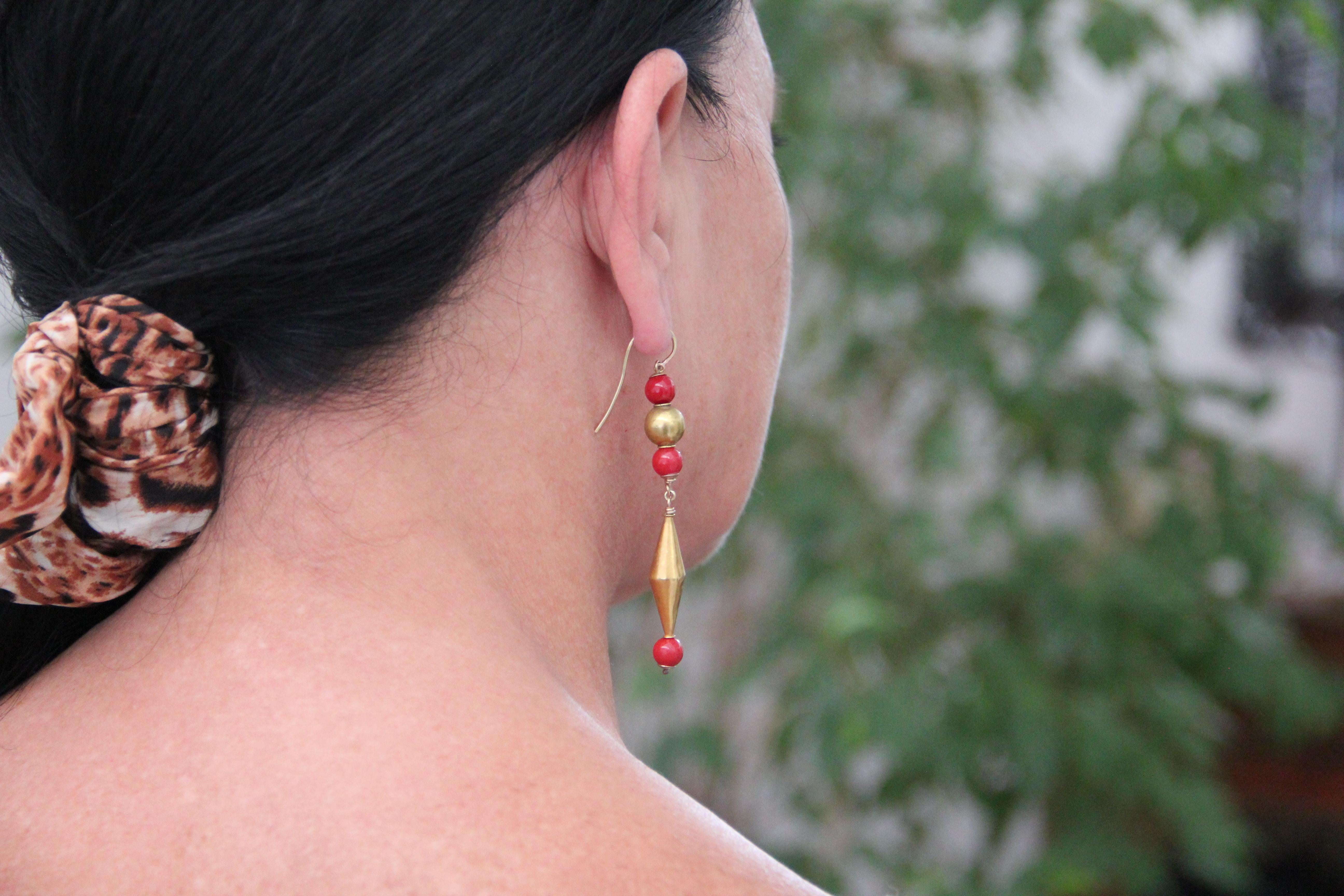 Women's or Men's Handcraft Coral 14 Karat Yellow Gold Drop Earrings For Sale