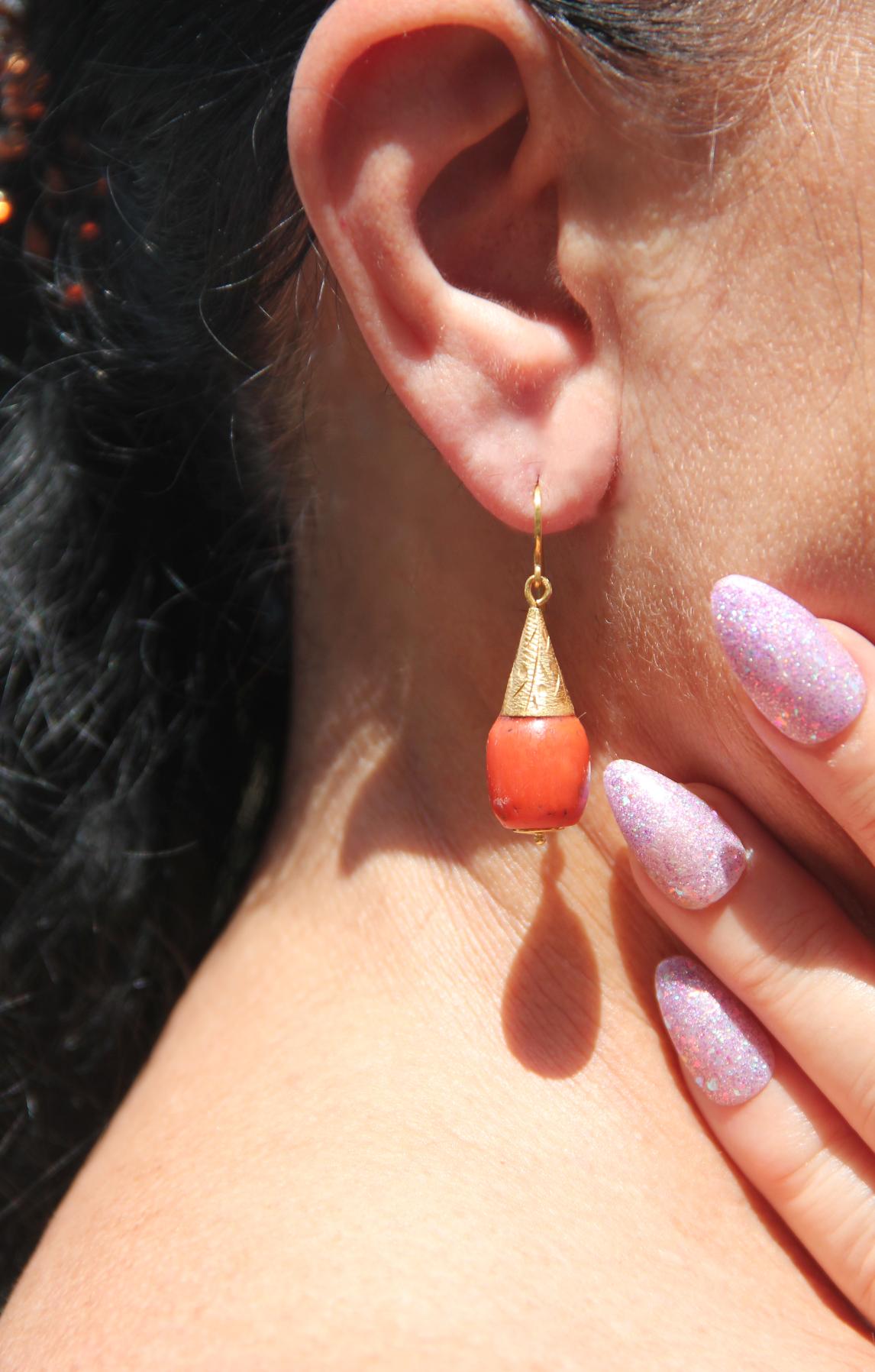 Women's or Men's Handcraft Coral 14 Karat Yellow Gold Drop Earrings For Sale