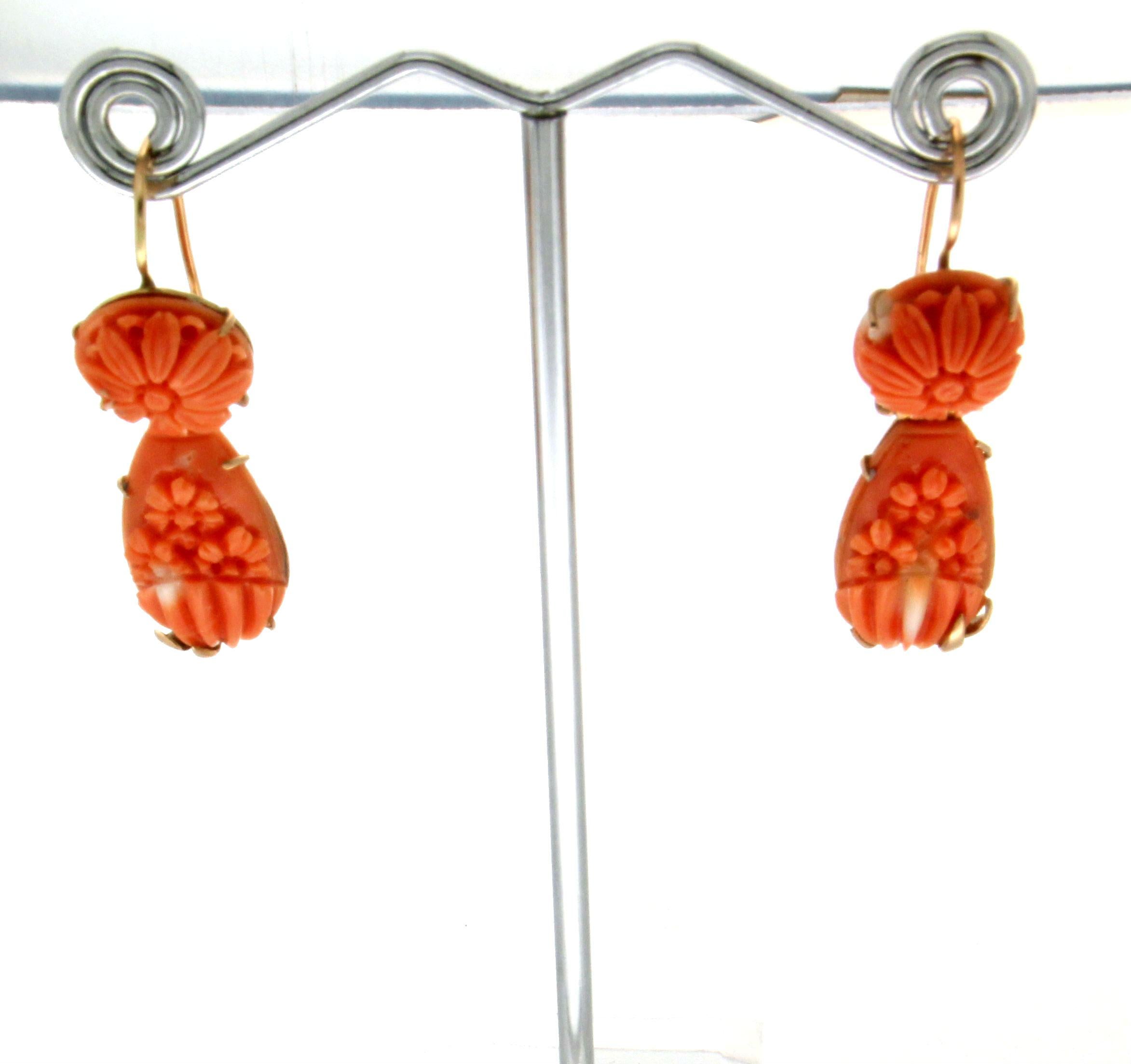 Women's or Men's Handcraft Coral 14 Karat Yellow Gold Drop Earrings For Sale