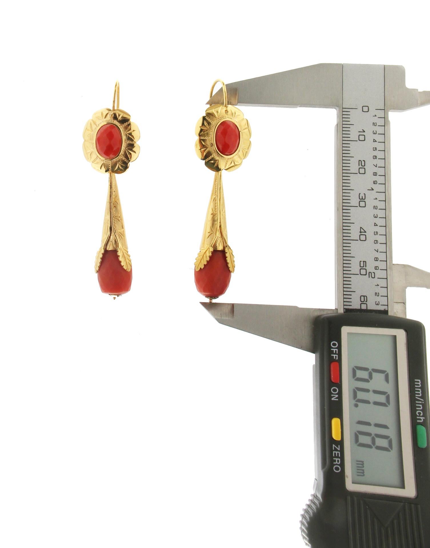 Handcraft Coral 14 Karat Yellow Gold Drop Earrings For Sale 1