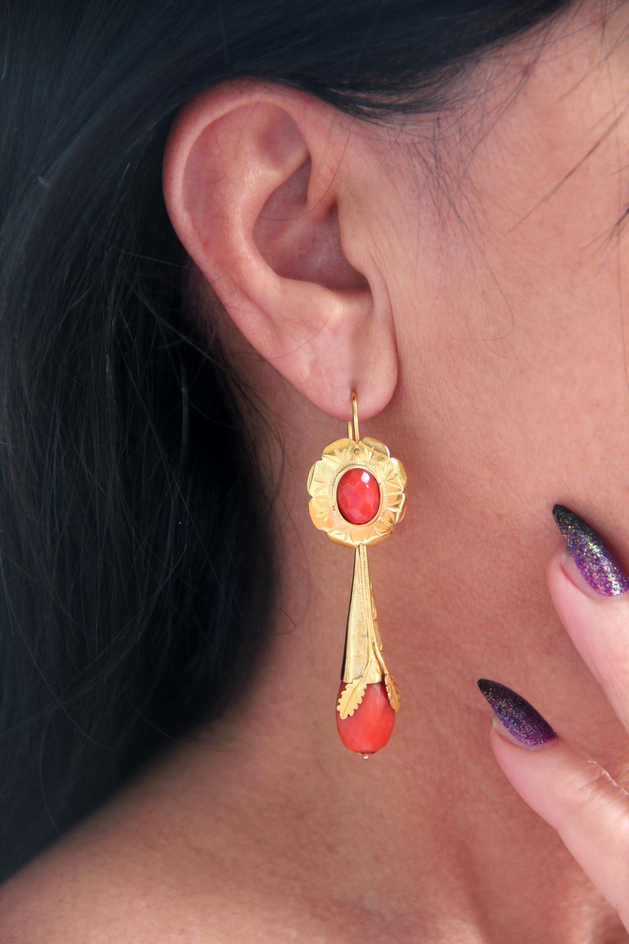 Handcraft Coral 14 Karat Yellow Gold Drop Earrings For Sale 3