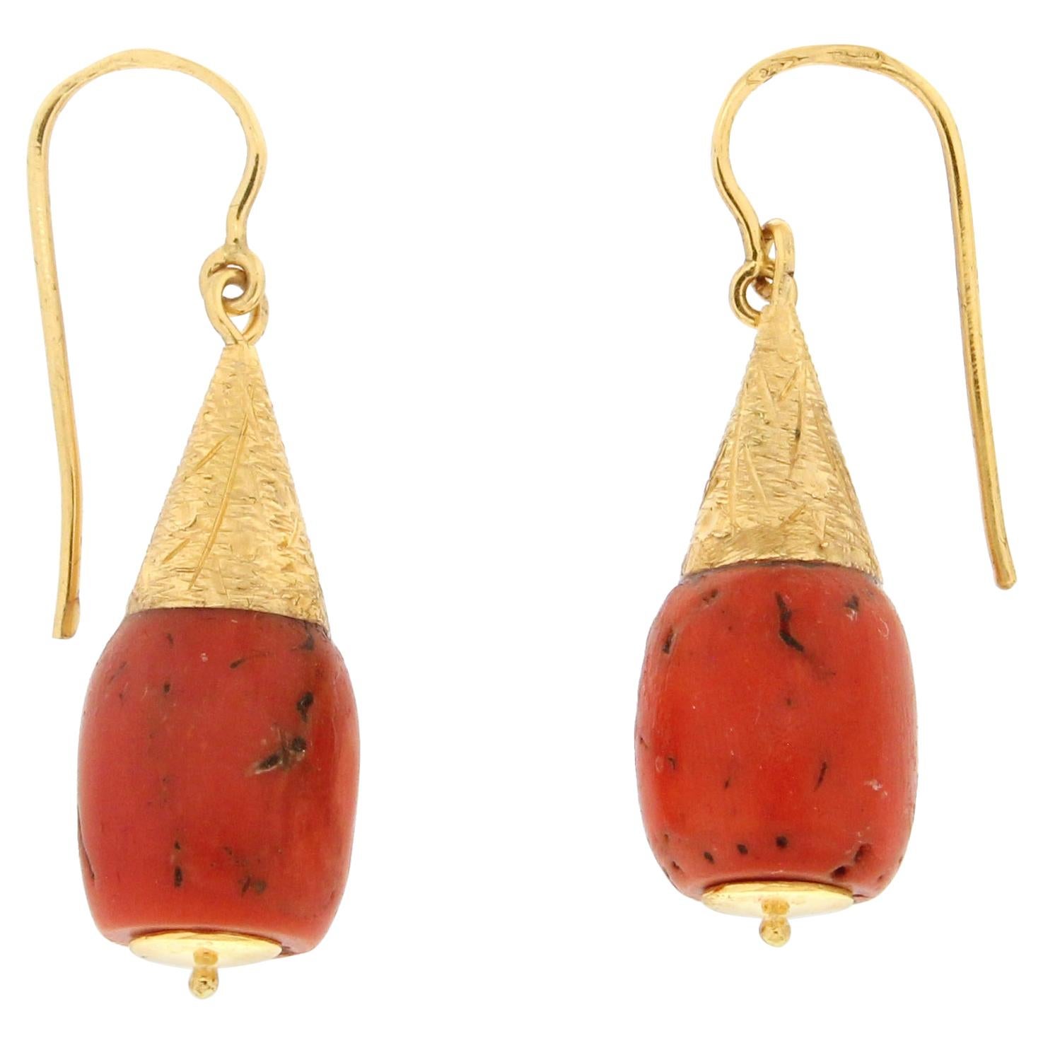 Handcraft Coral 14 Karat Yellow Gold Drop Earrings For Sale