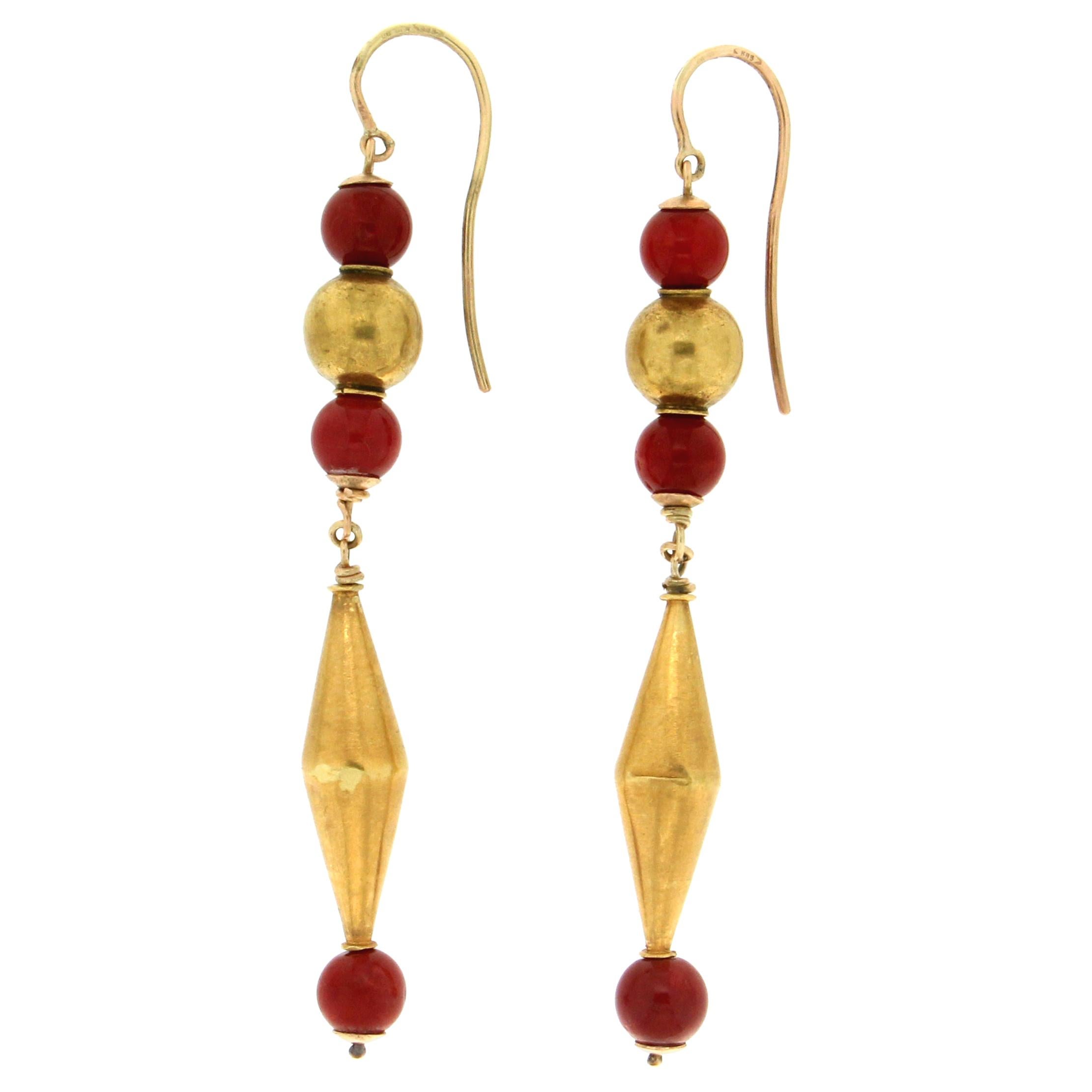 Handcraft Coral 14 Karat Yellow Gold Drop Earrings For Sale