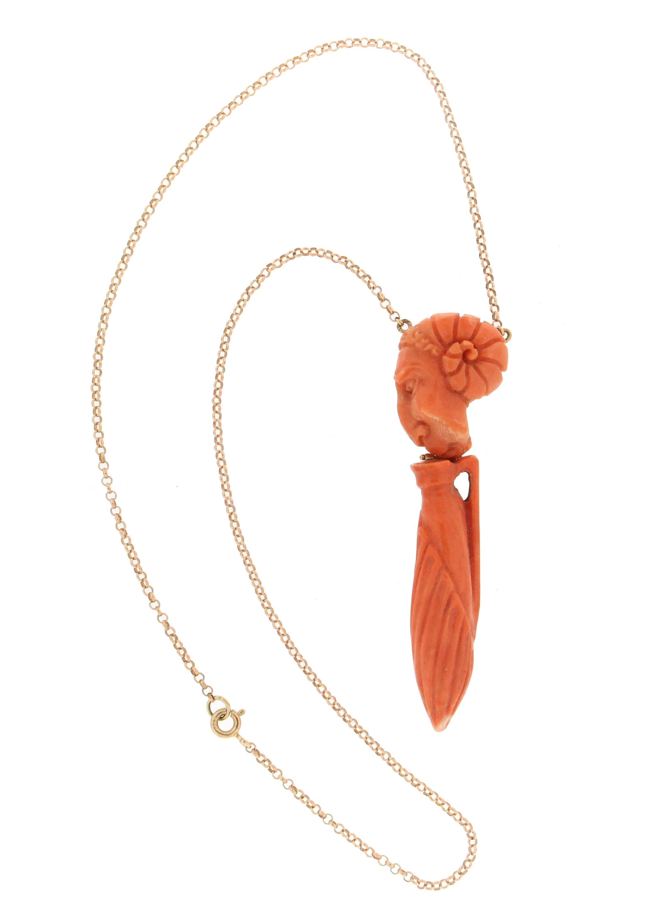 Artisan Handcraft Coral 14 Karat Yellow Gold Drop Necklace For Sale