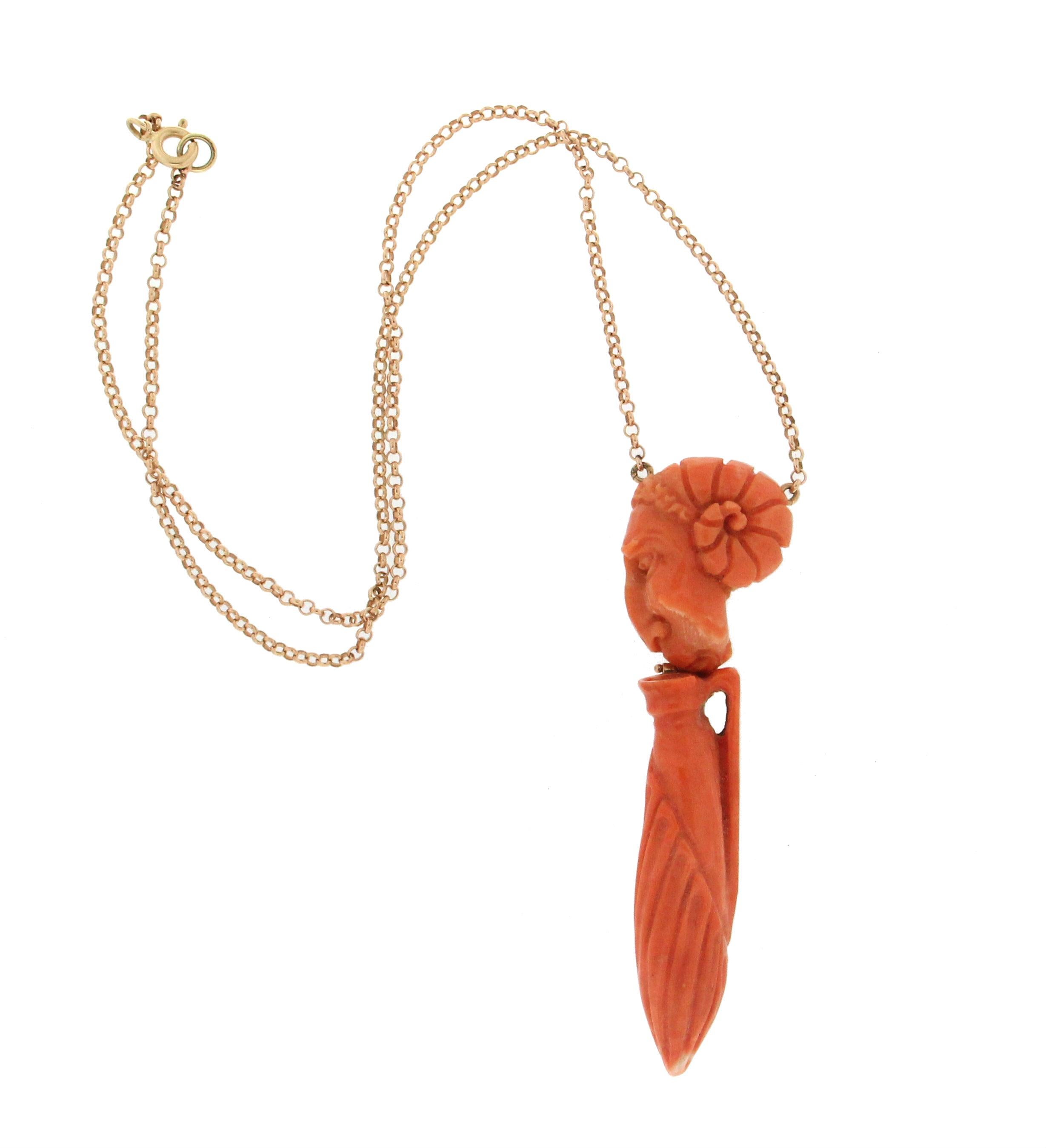 Mixed Cut Handcraft Coral 14 Karat Yellow Gold Drop Necklace For Sale