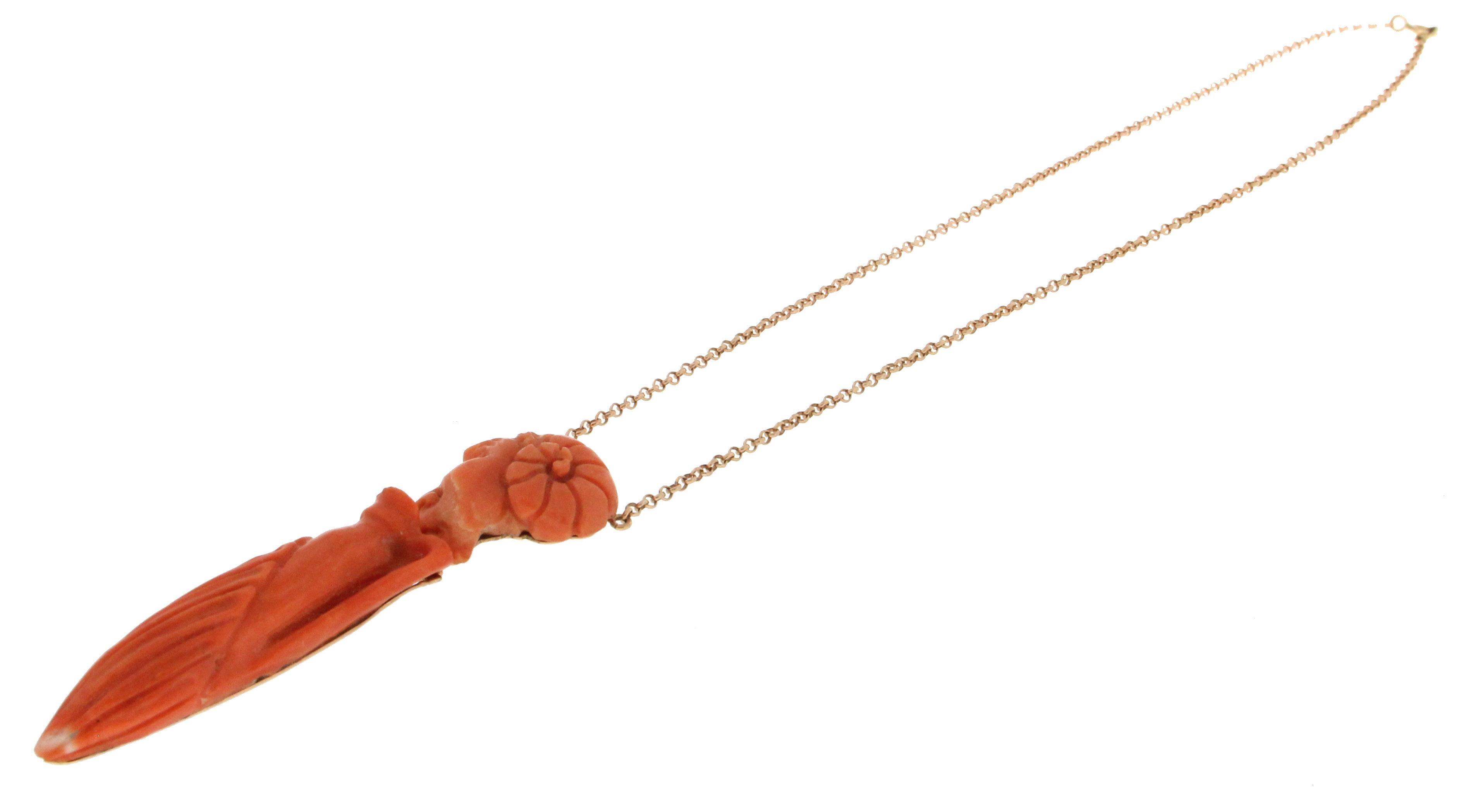 Handcraft Coral 14 Karat Yellow Gold Drop Necklace In New Condition For Sale In Marcianise, IT
