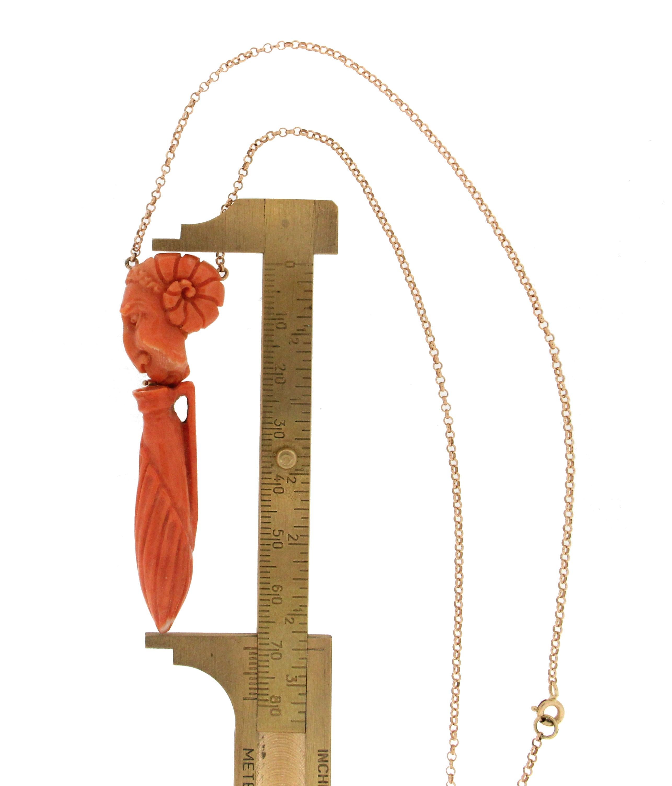 Handcraft Coral 14 Karat Yellow Gold Drop Necklace For Sale 1