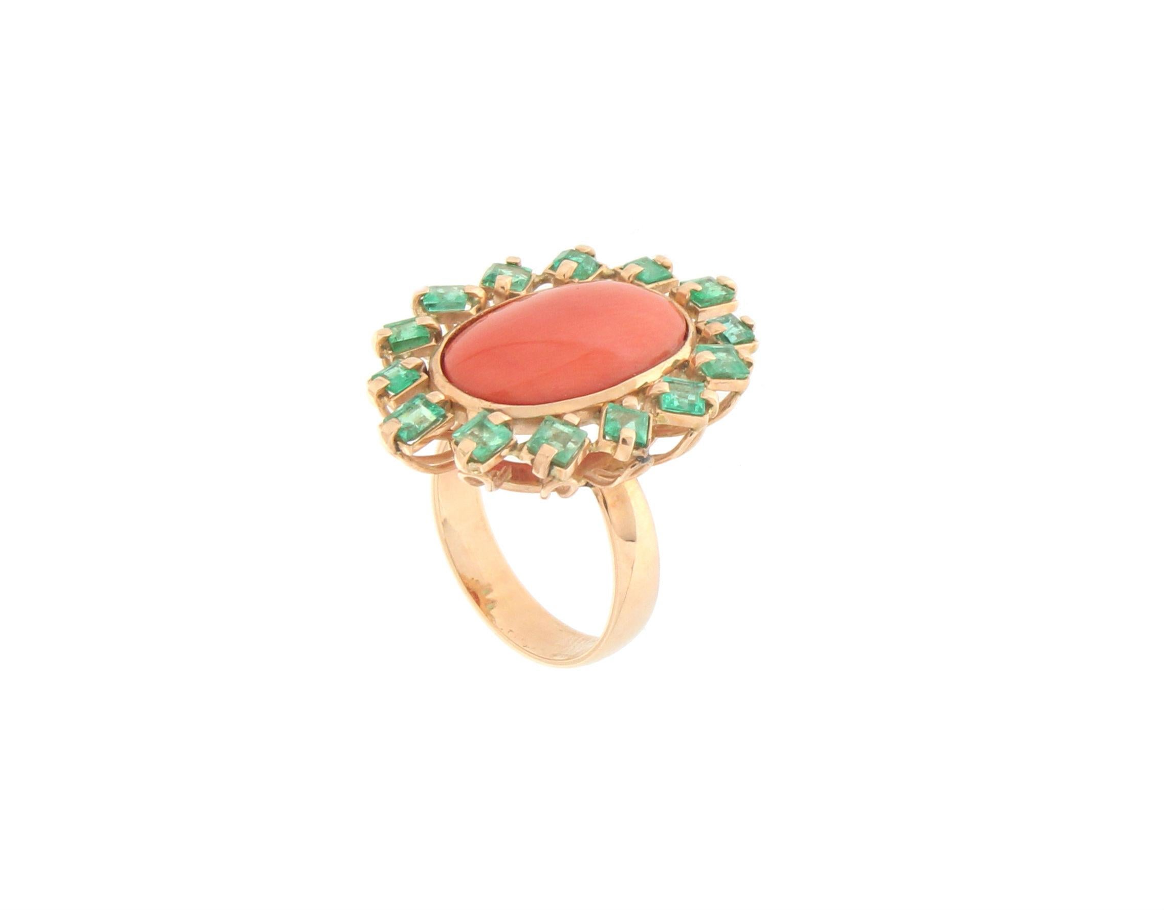 Emerald Cut Handcraft Coral 14 Karat Yellow Gold Emeralds Cocktail Ring For Sale
