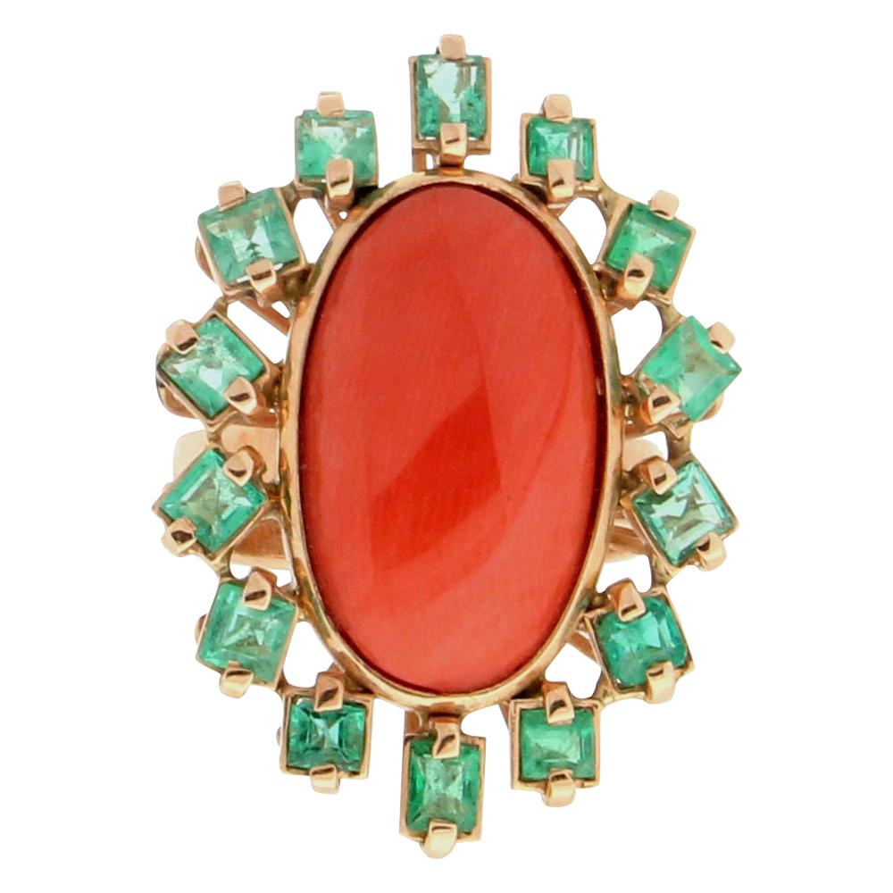 Handcraft Coral 14 Karat Yellow Gold Emeralds Cocktail Ring For Sale