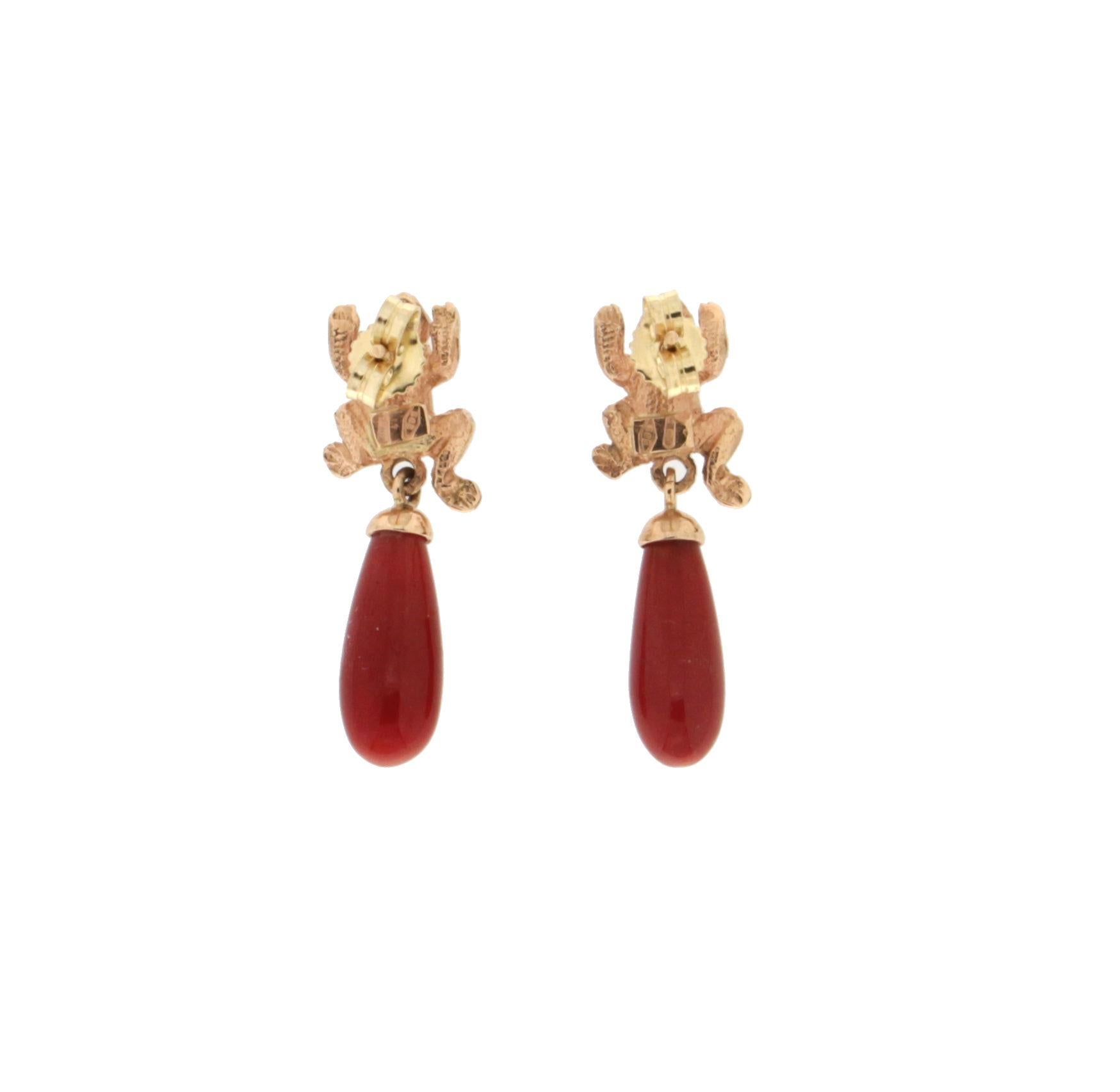 Pear Cut Handcraft Coral 14 Karat Yellow Gold Frog Drop Earrings