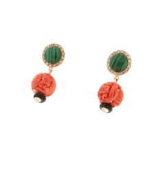 Handcraft Coral 14 Karat Yellow Gold Malachite Onyx Diamonds Drop Earrings